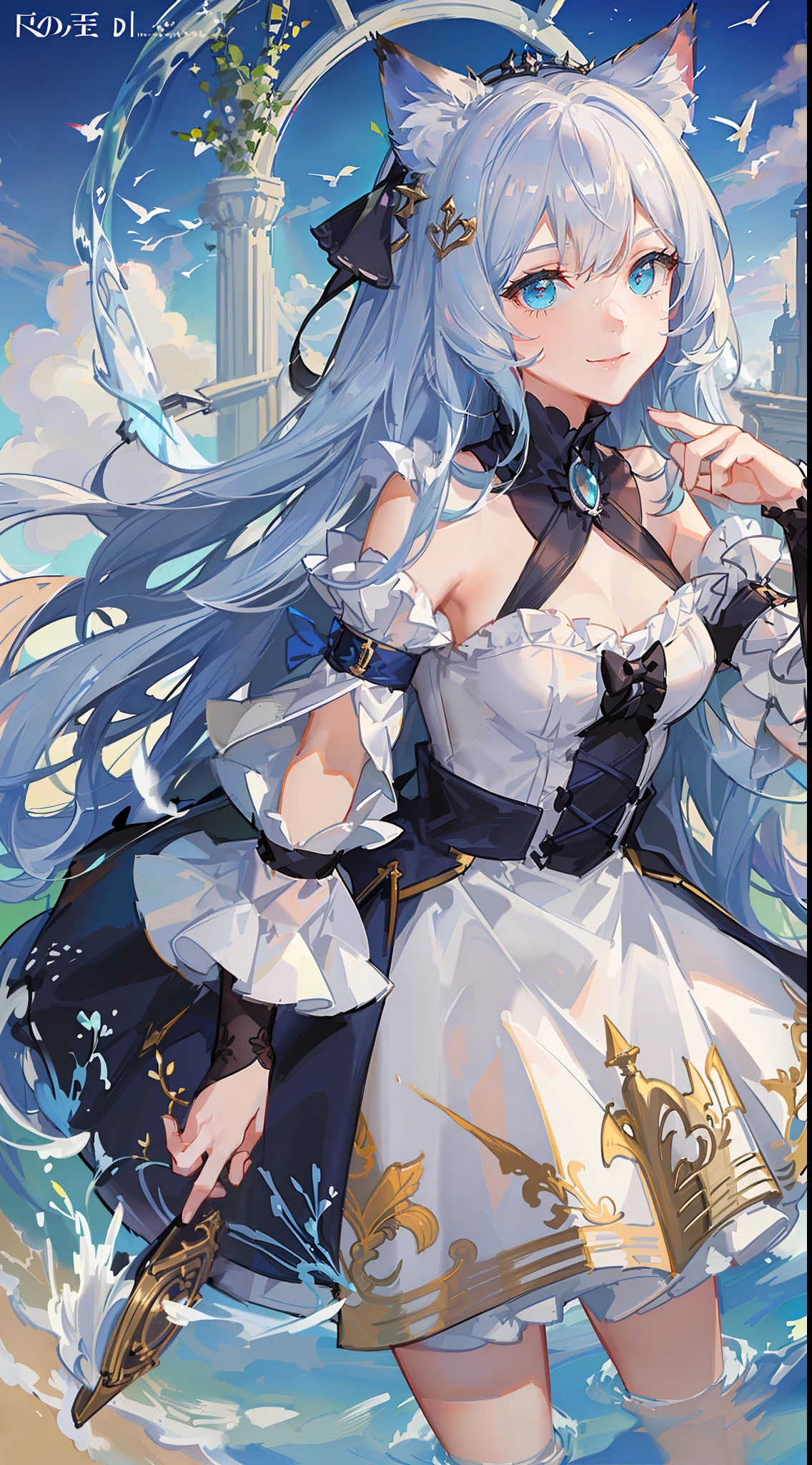 Young girl, long white hair, turquoise eyes, cat ears, smile, light postcard dress, masterpiece, high quality