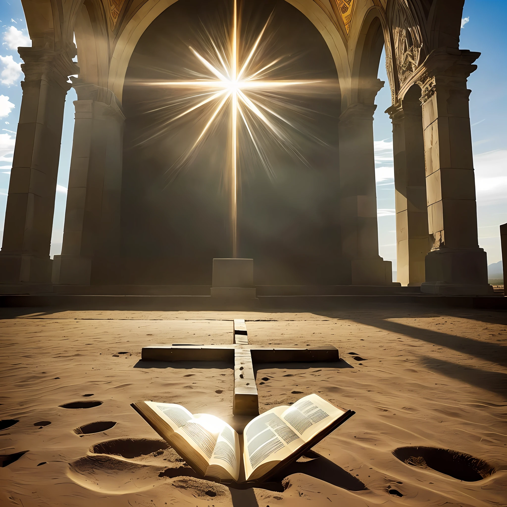 You are a talented digital image creator capable of turning concepts into stunning visual representations. Please create an image that depicts a powerful scene: a bright cross with a radiant light in the center of it, positioned over an open bible. Below the bible, you can see several footprints, left by a pair of men's shoes, indicating that someone walked toward the cross. Use your skill to capture the essence of this moment of faith and commitment. Feel free to add additional details that complement the visual narrative and convey a sense of reverence and inspiration. I look forward to seeing the beauty you will create through your digital art