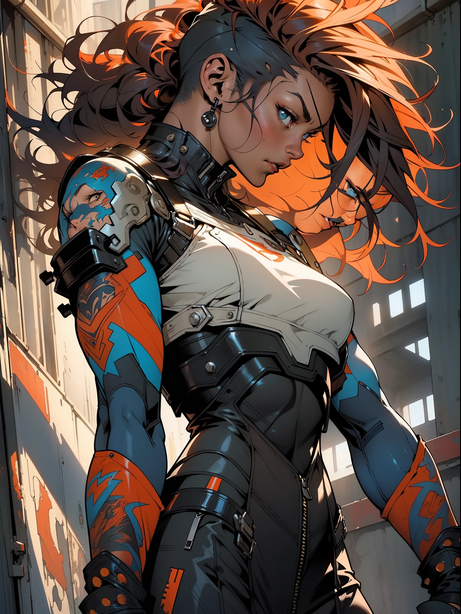 (((woman))), (((best quality))), (((masterpiece))), (((adult))), A muscular 35-year-old warrior woman nearly naked in Simon Bisley's urban savage style for the cover of Heavy Metal magazine, colorful mohawk hair, Minimal clothing, orange and blue carbon fiber armor full of ink-stained spikes and rivets,