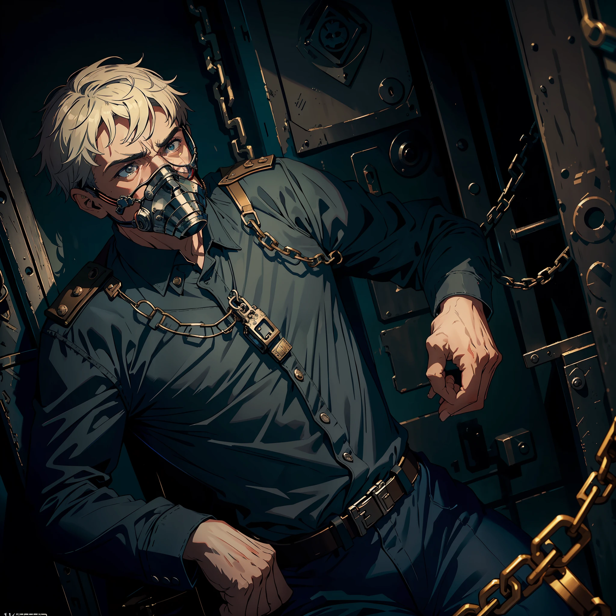 ((realistic: 1.5)),((best quality)), ((masterpiece)),((detailed)), man, with oxygen mask, general's clothing, chains across the body, intimidating pose, dungeon