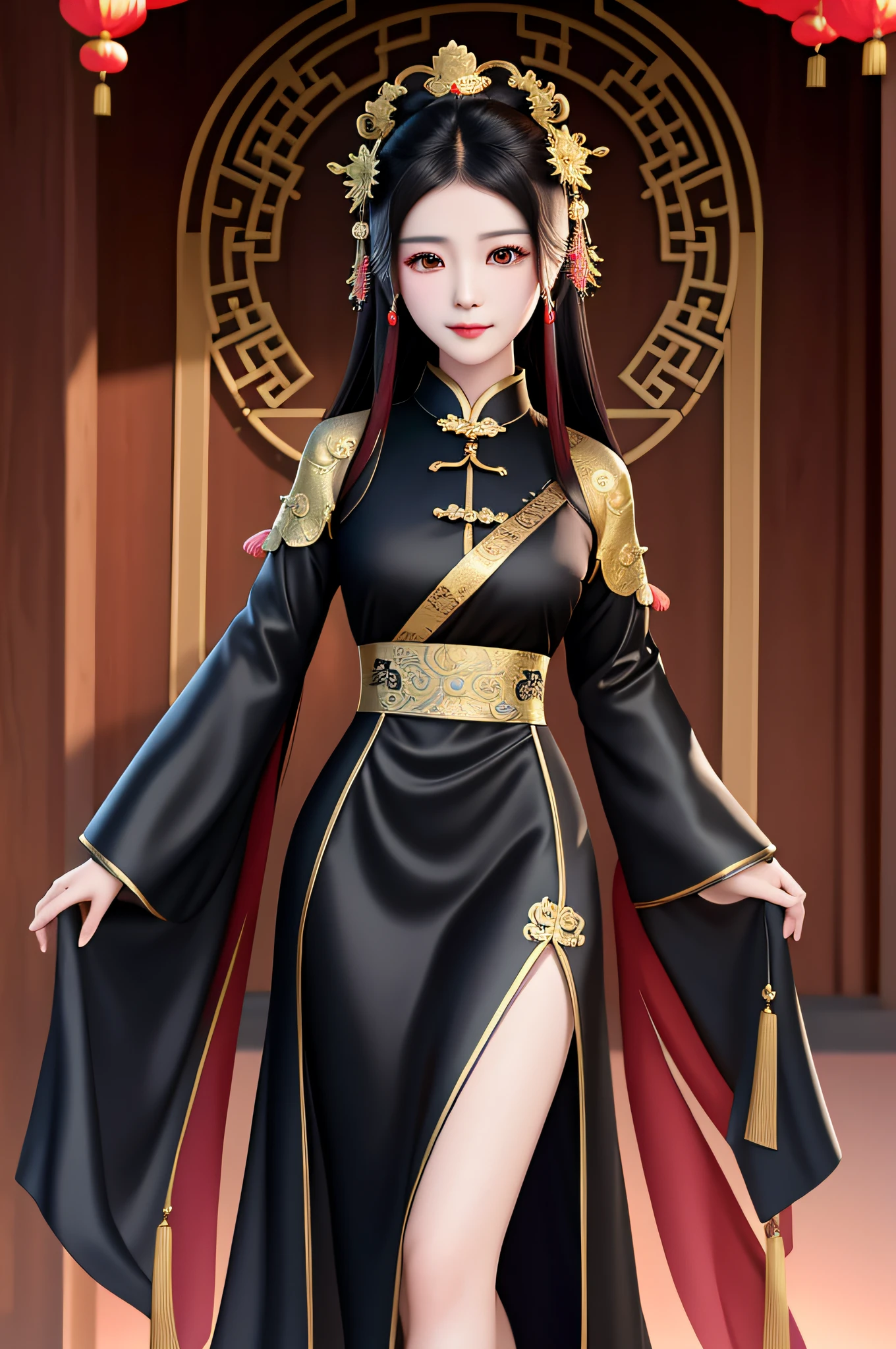 arafed asian woman in a black dress posing for a picture, chinese costume, full body xianxia, inspired by Pu Hua, inspired by Wu Bin, inspired by Lan Ying, cheongsam, by Yang J, anime girl cosplay, inspired by Wang Meng, inspired by Gong Xian, chinese style, ornate cosplay, chinese girl, trending at cgstation