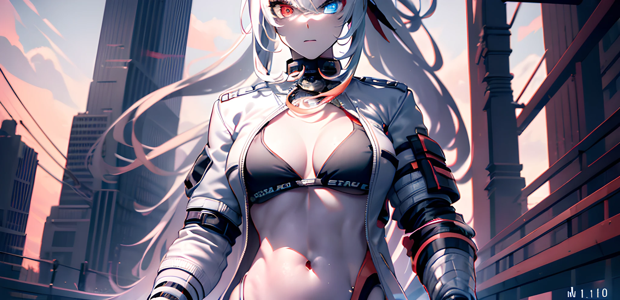 (burning city in the background:1.2), blurry background, looking forward full body, silver hair, long ponytail, white jacket open, black bikini, visible abdomen, photo from the waist up, volumetric lighting, white jacket, red katana on the back, multicolored eyes, (blue and red heterochromia1.4), detailed eyes, hyper detailed, serious face, slightly irritated, highly detailed,  beautiful, small details, ultra detailed, best quality, intricate, hyper-realism, sharp, digital illustration, detailed, realism, intricate, 4k, 8k, trends in the arts station, good anatomy, beautiful lighting, award-winning, photorealistic, realistic shadows, realistic lighting, beautiful lighting, raytracing, intricate details, grumpy, rule of thirds, masterpiece, (illustration: 1.1), high resolution, (extremely detailed CG, unit, wallpaper 8k: 1.1), beautiful face,  highly detailed face, ultra realistic, masterpiece, bokeh, extremely detailed, intricate, abdomen, small breasts, thin, colorful, vibrant colors, front view, small breasts, abdomen