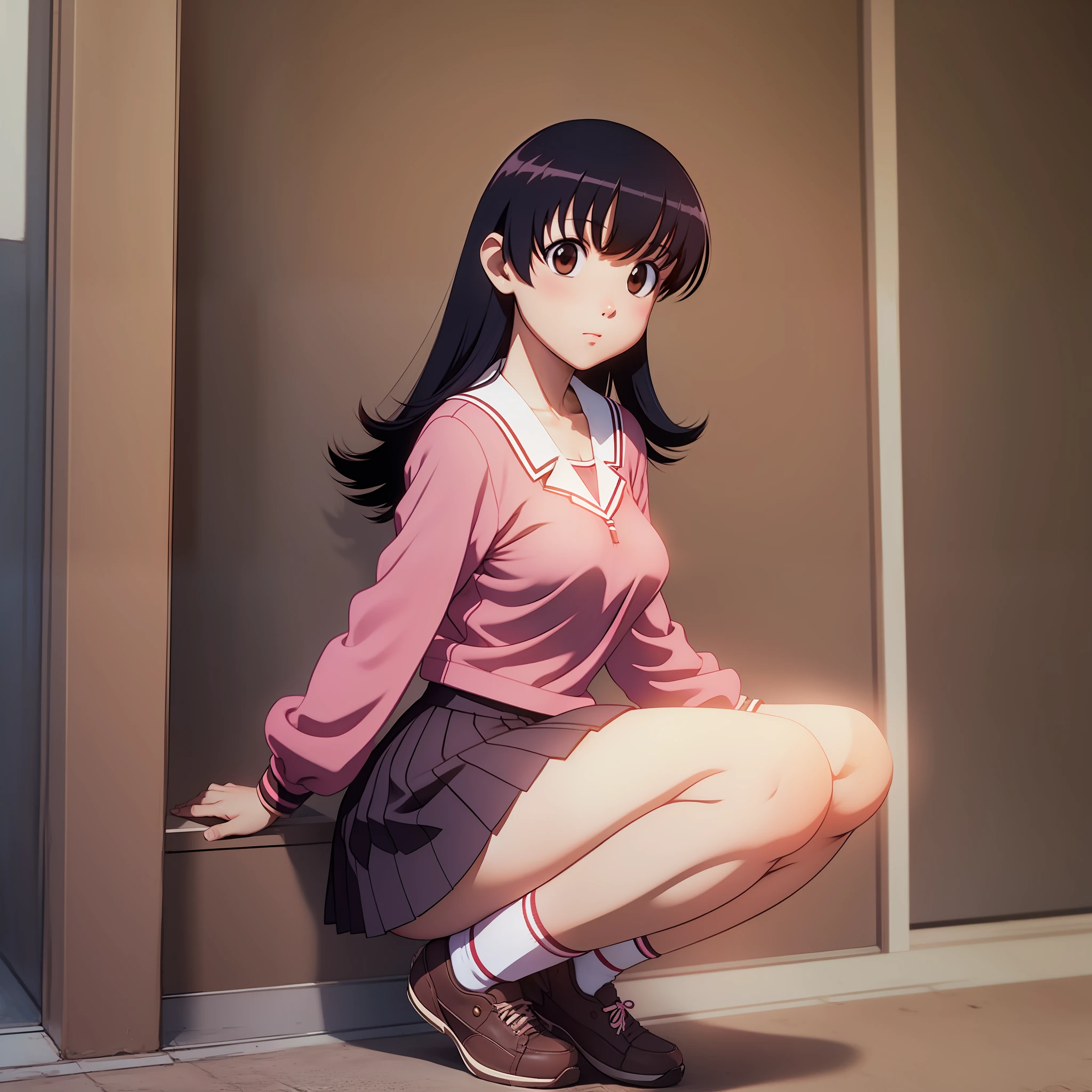 Tomo takino, Girl, black hair, pink sailor school uniform, brown skirt, slender figure, medium breasts, panty, ass, thighs, white socks, brown shoes