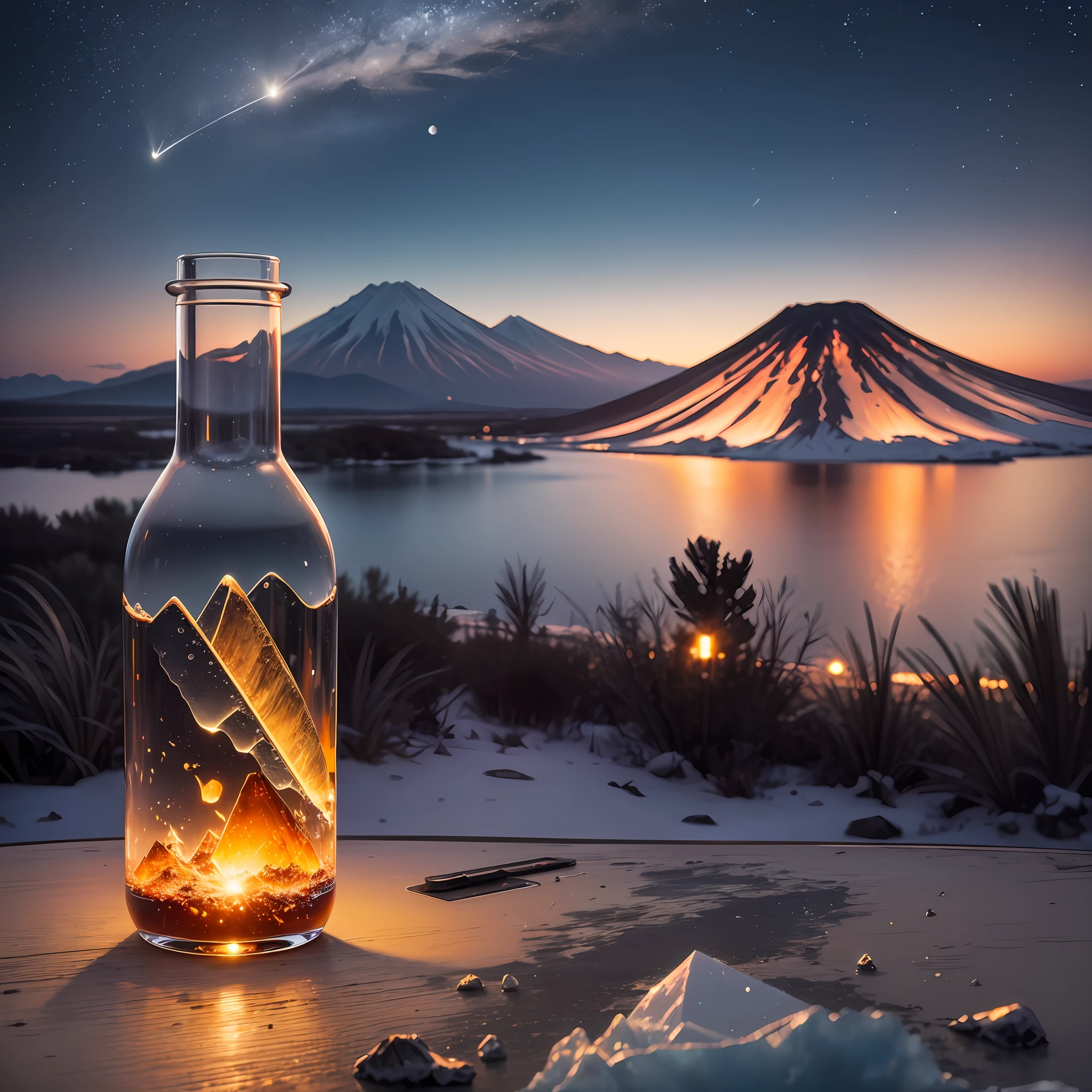 Computer, Extensive landscape ultra photography (general view showing a glass glass bottle, firefly inside, moon, ice, glass, dawn, volcano), blurred background, gloomy, magic