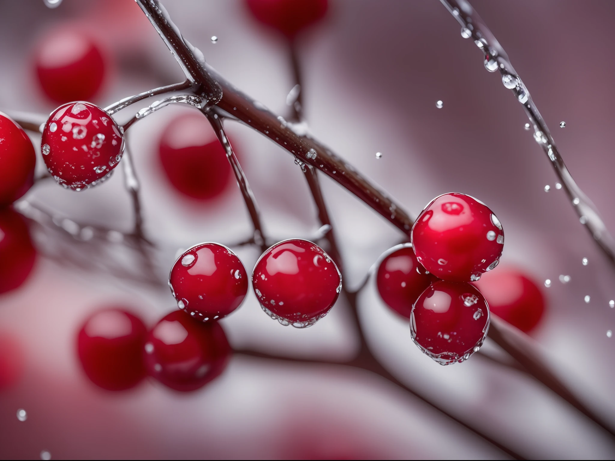 ((top quality, 8k, masterpiece, photo)), glittering stars, dripping berries, dripping crushed berries, drops, dripping red berries and icicles, dripping light drops, "berries, detailed water droplets, berries, water droplets, cranberries, sparkling stars, dew drops, glowing red, close-up view, shot with Nikon Z9 --auto --s2