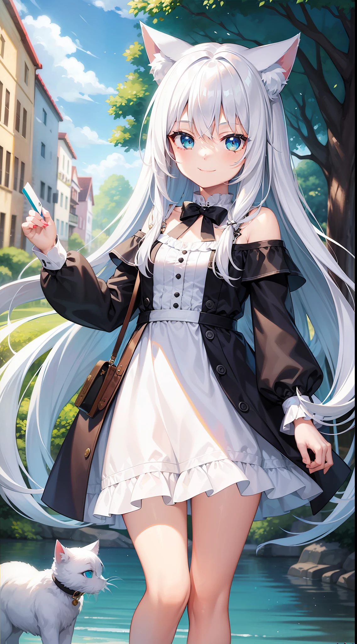 Young girl, long white hair, turquoise eyes, cat ears, smile, light postcard dress, masterpiece, high quality