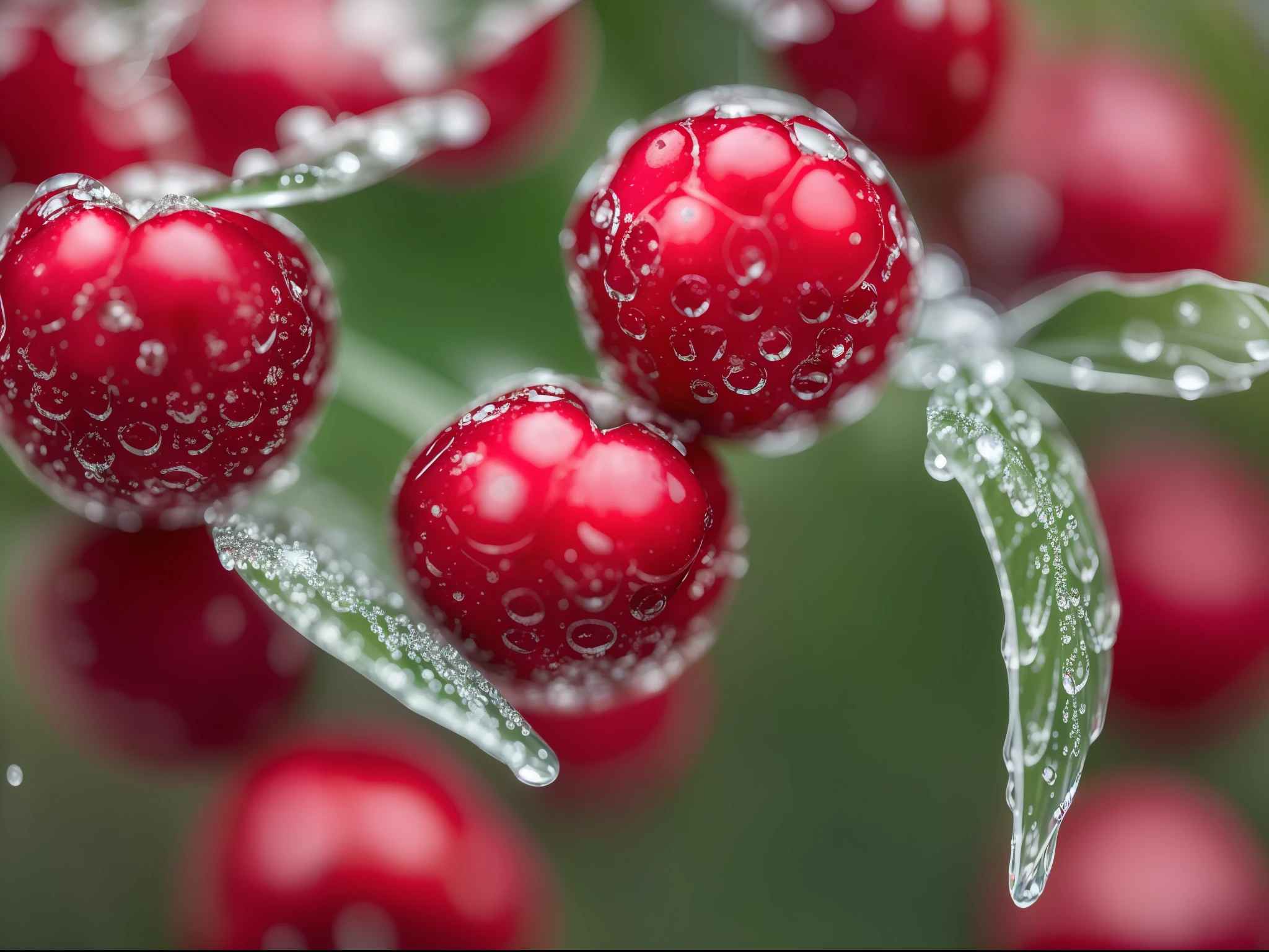 ((top quality, 8k, masterpiece, photo)), glittering stars, dripping berries, dripping crushed berries, drops, dripping red berries and icicles, dripping light drops, "berries, detailed water droplets, berries, water droplets, cranberries, sparkling stars, dew drops, glowing red, close-up view, shot with Nikon Z9 --auto --s2