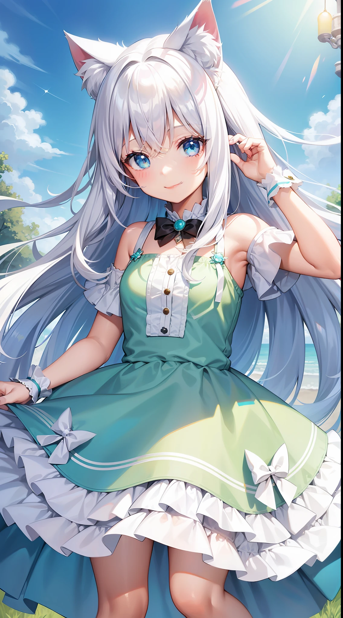 Young girl, long white hair, turquoise eyes, cat ears, smile, light postcard dress, masterpiece, high quality