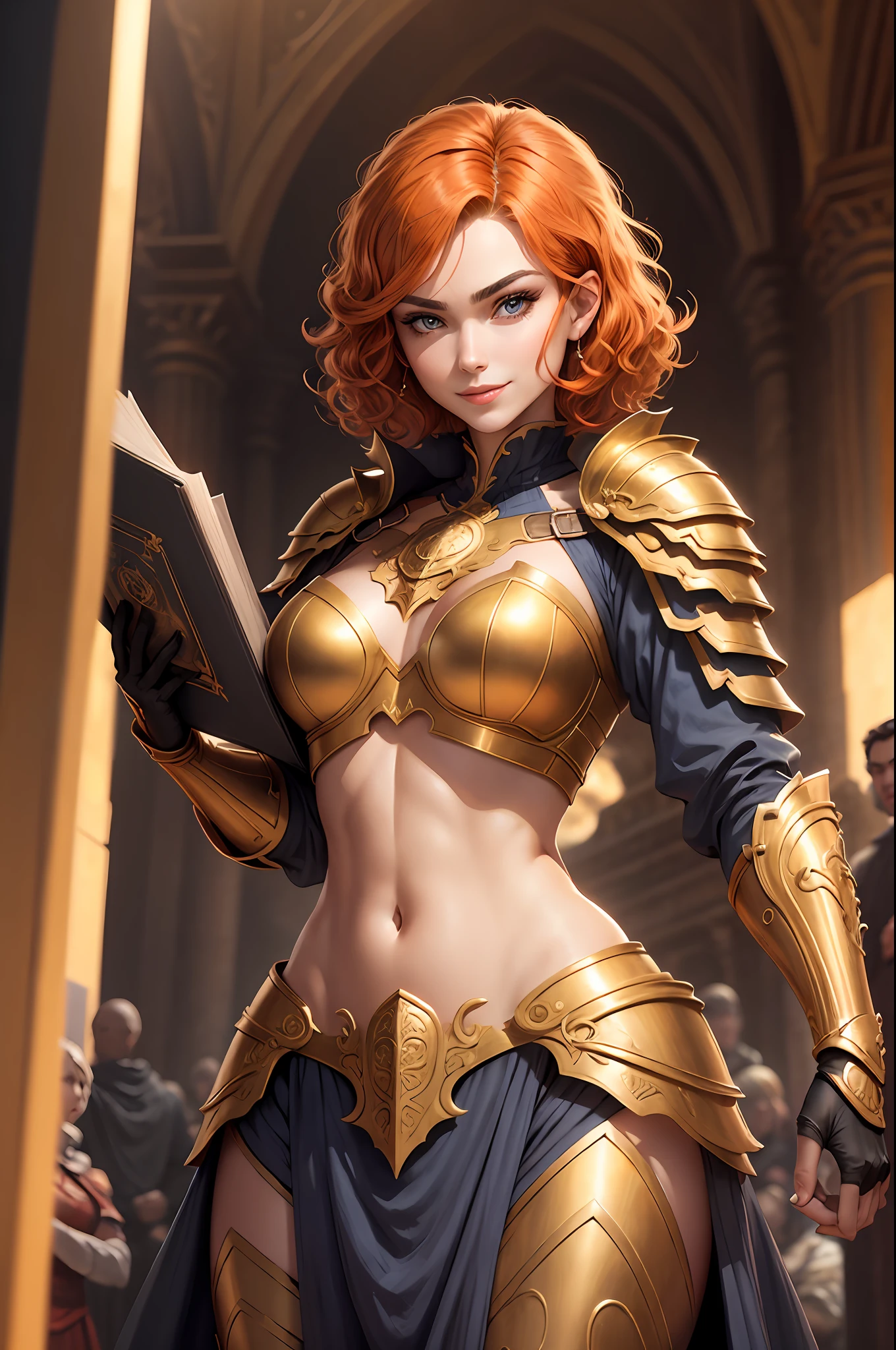 Beautiful woman, thin, thin silhouette, short hair voluminous wavy curls intense and rebellious orange, square face, (expression with discreet smile), thick eyebrows, blue eyes, detailed golden armor, visible abdomen and pectoral, magic book