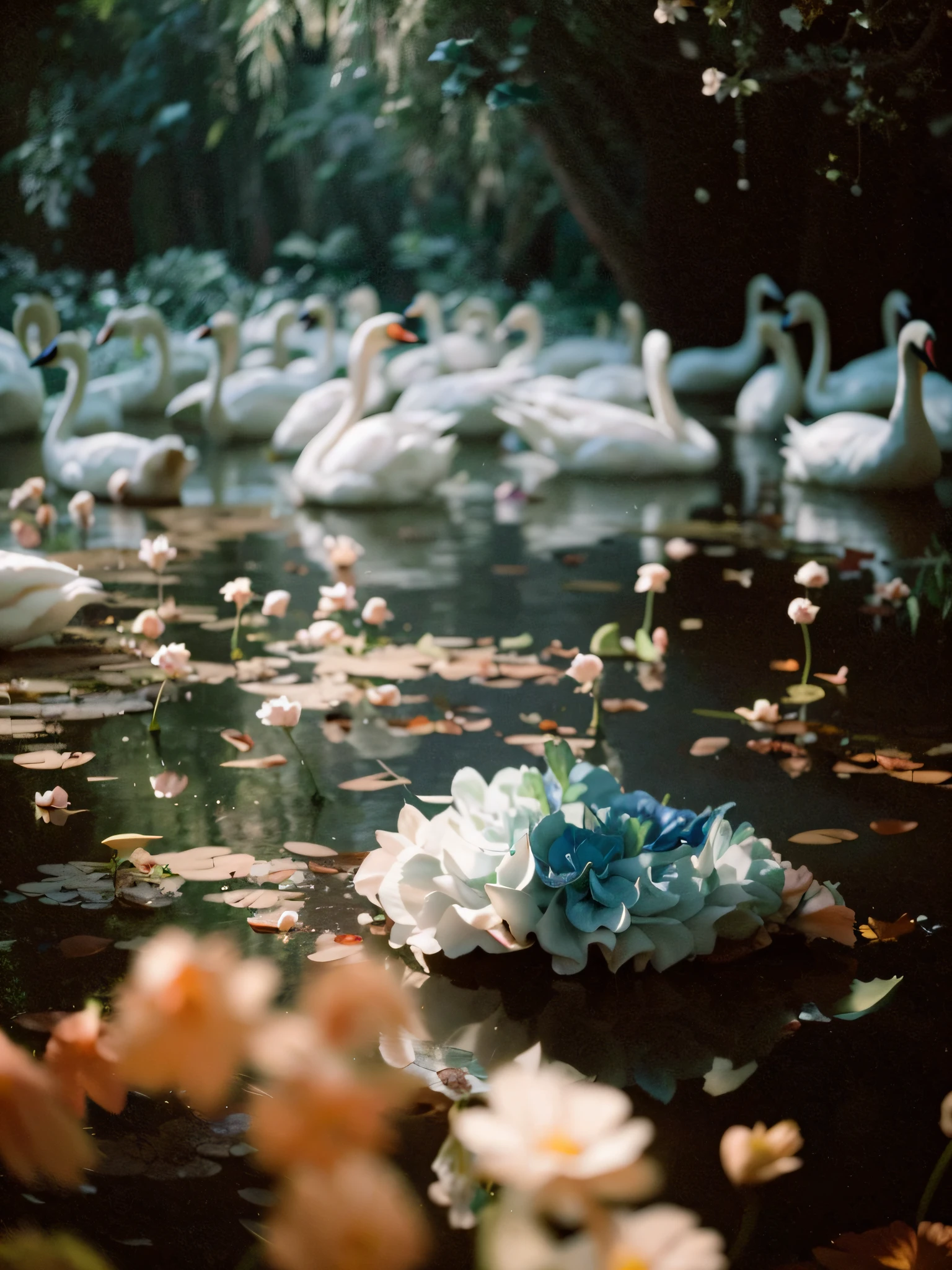 there are many swans that are swimming in the water, very magical and dreamy, ethereal fairytale, inspired by Elsa Bleda, dreamy scene, rinko kawauchi, extremely beautiful and ethereal, swans, peaceful and graceful, dreamy and ethereal, ethereal and dreamy, by Elsa Bleda, dreamy atmosphere and drama, dreamy and detailed, dreamy aesthetic, nature and floral aesthetics