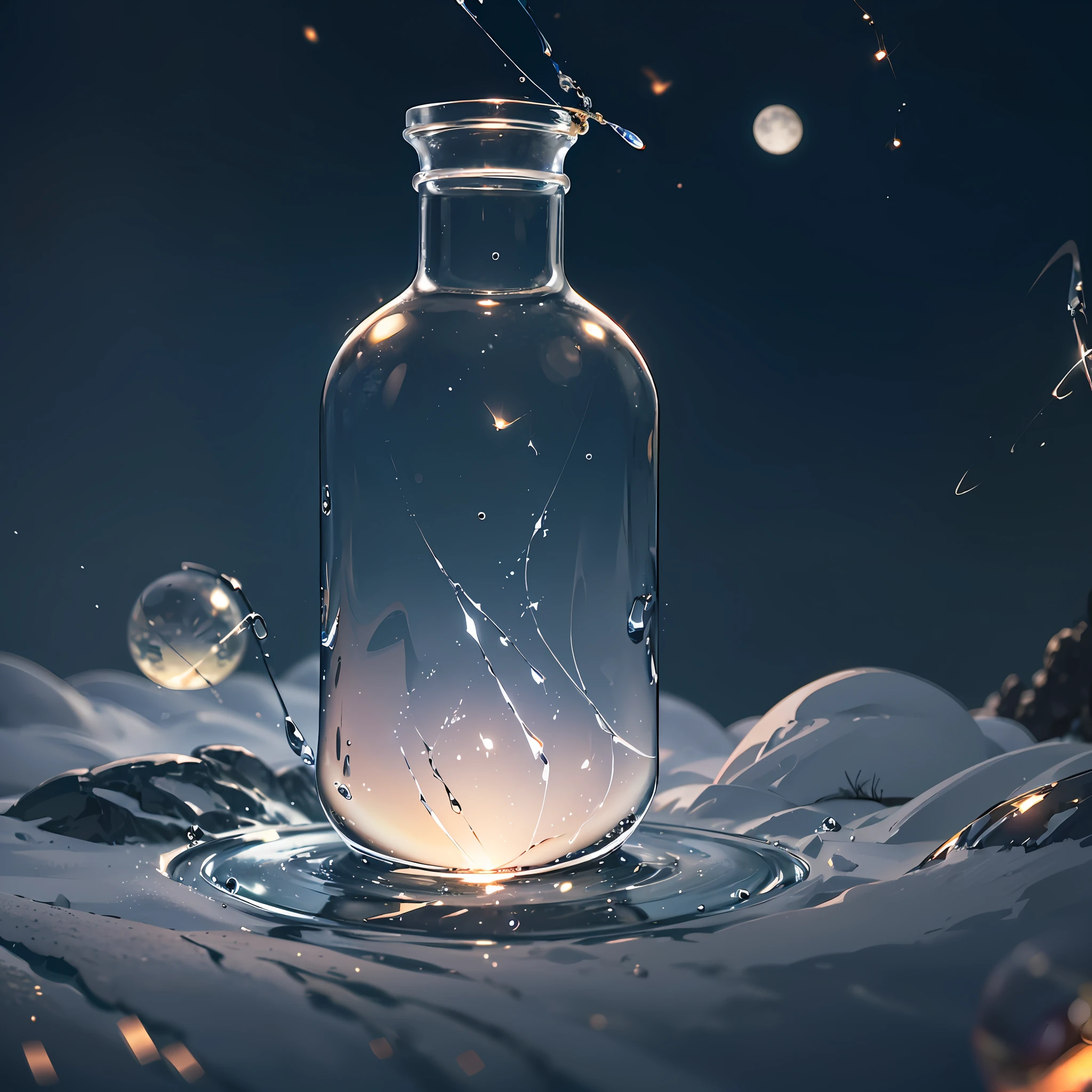 Computer, Extensive landscape ultra photography (general view showing a glass glass bottle, fireflies inside, moon, ice, glass, dawn, volcano), blurred background, gloomy, magic, soap bubbles, universe --auto --s2