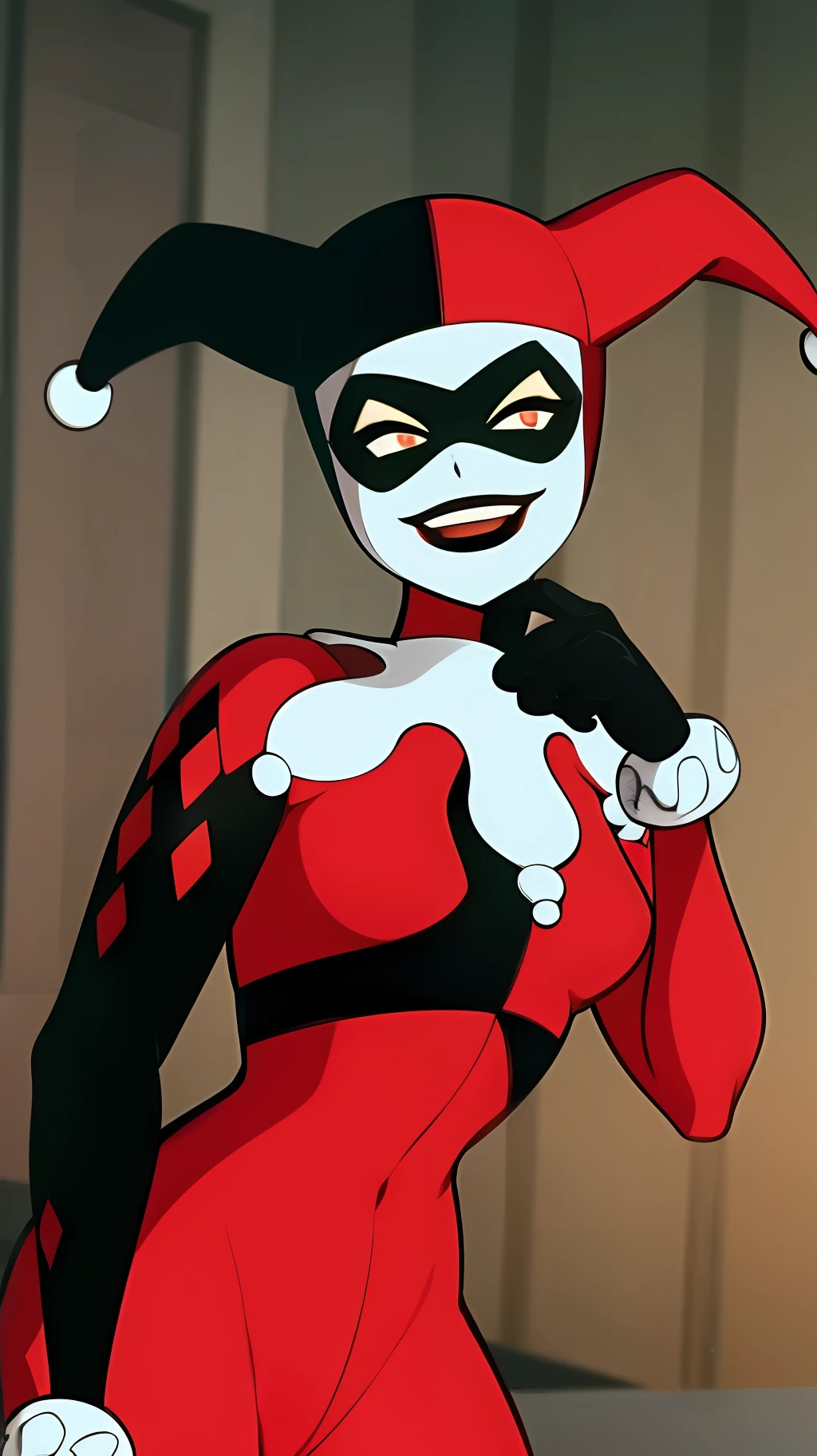 masterpiece, best quality, 1girl, hq1992, solo, bodysuit, domino mask, gloves, hat, jester cap, mask, open mouth, parody, red bodysuit, red gloves, smile, solo