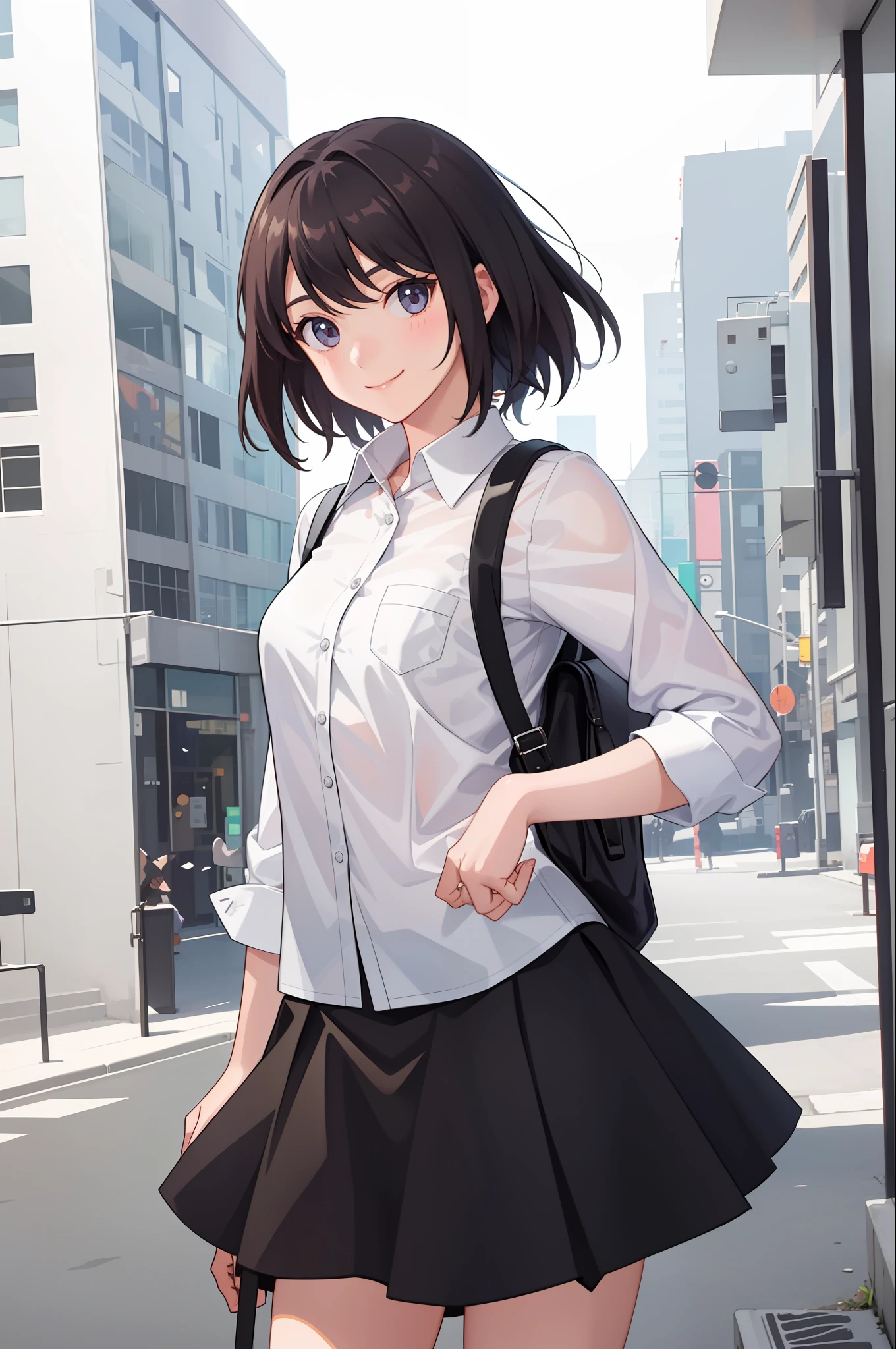 1 girl, smile, shirt, skirt, (small) chiralism,