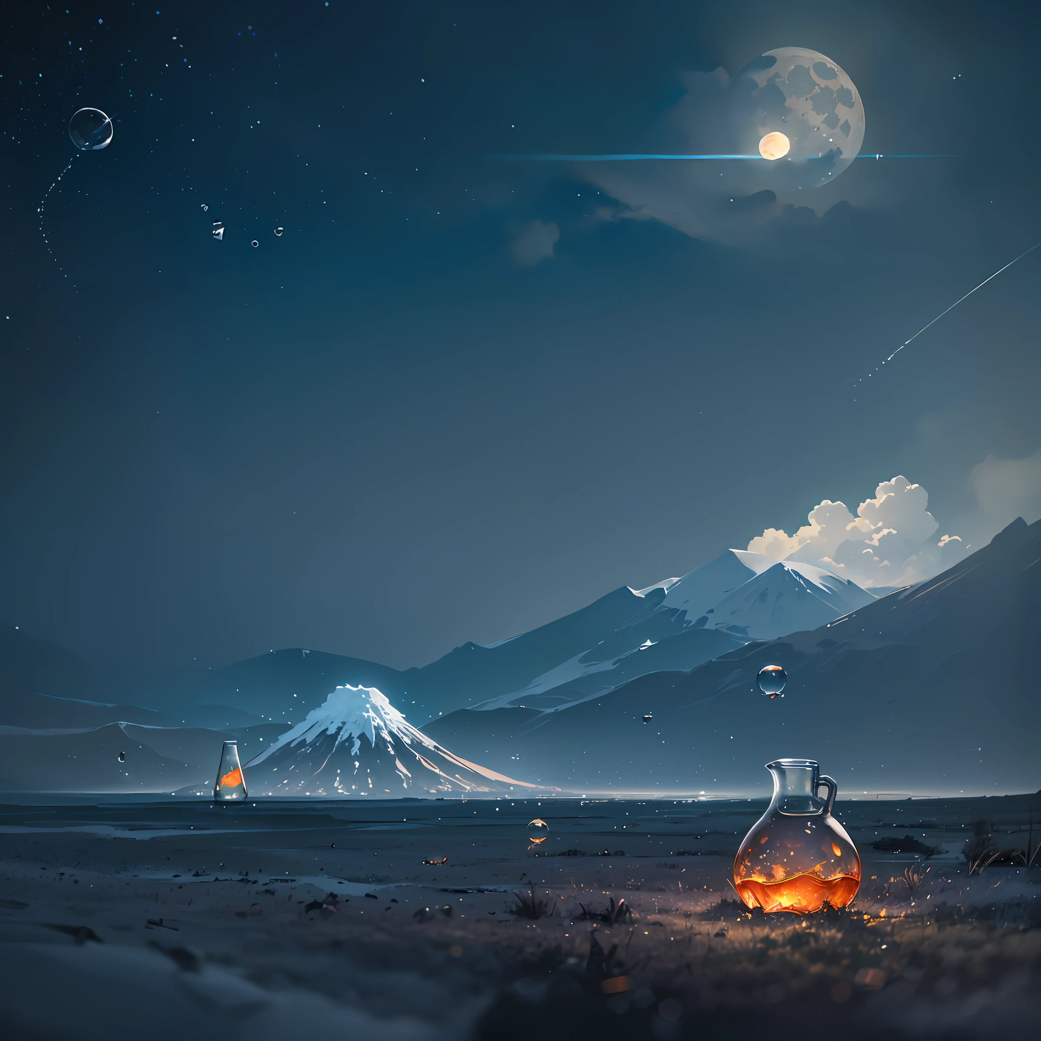 Computer, Extensive landscape ultra photography (general view showing a glass glass bottle, fireflies inside, moon, ice, glass, dawn, volcano), blurred background, gloomy, magic, soap bubbles, universe --auto --s2