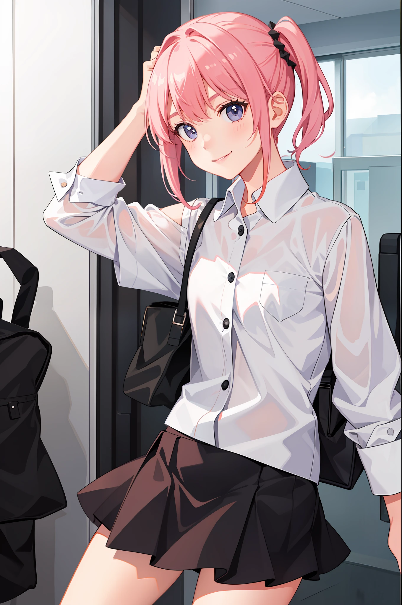 1 girl, smile, shirt, skirt, (small) chiralism,