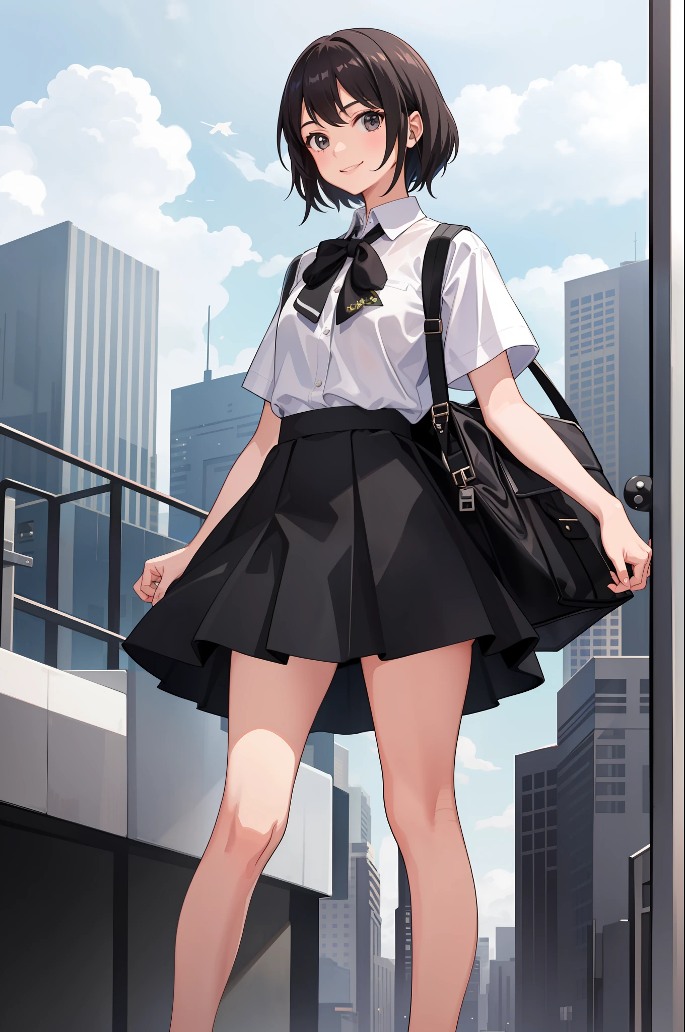 1 girl, smile, shirt, skirt, (small) chiralism,