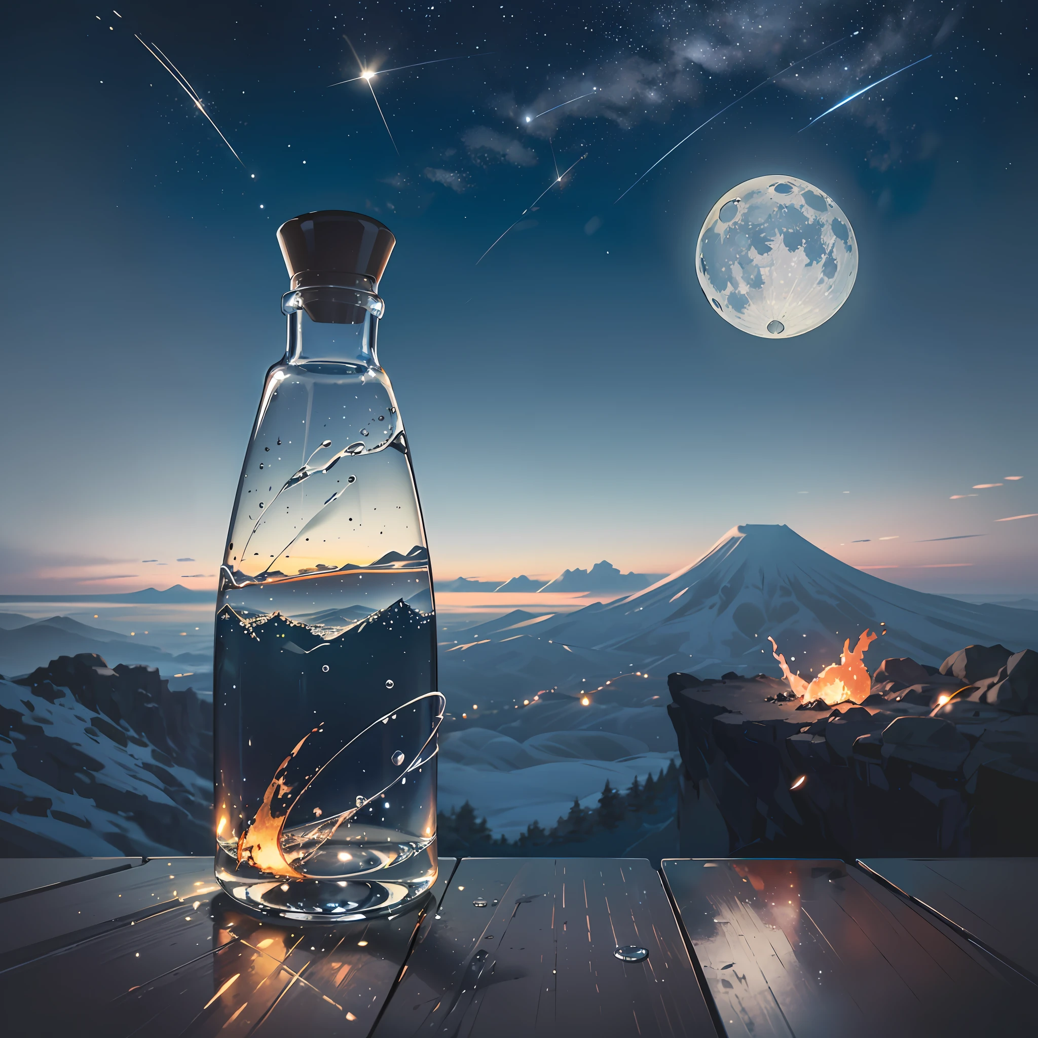 Computer, Extensive landscape ultra photography (general view showing a glass glass bottle, fireflies inside, moon, ice, glass, dawn, volcano), blurred background, gloomy, magic, soap bubbles, universe --auto --s2
