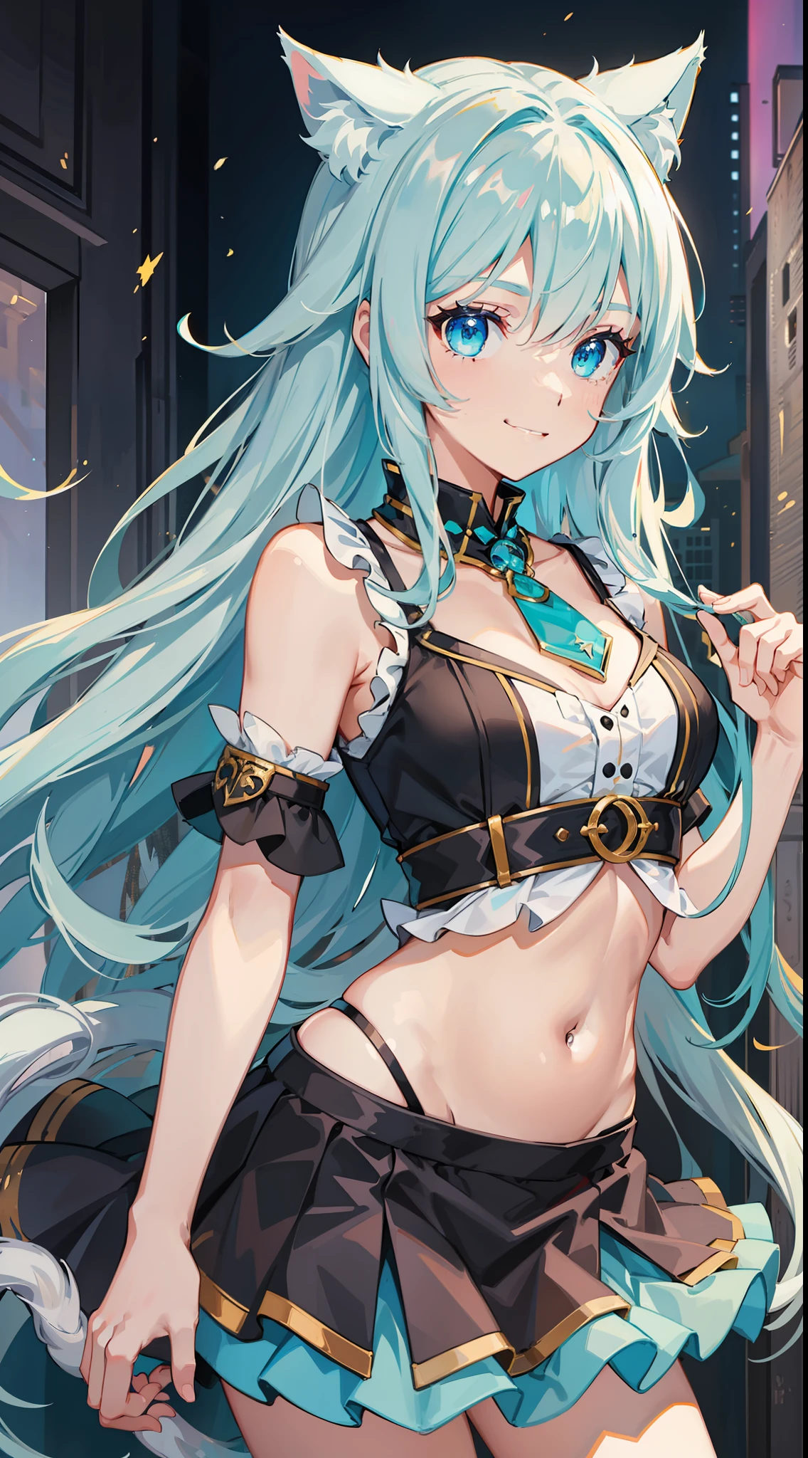 Young girl, long white hair, turquoise eyes, cat ears, smile, fantasy sleeveless shirt, skirt, open belly, masterpiece, high quality