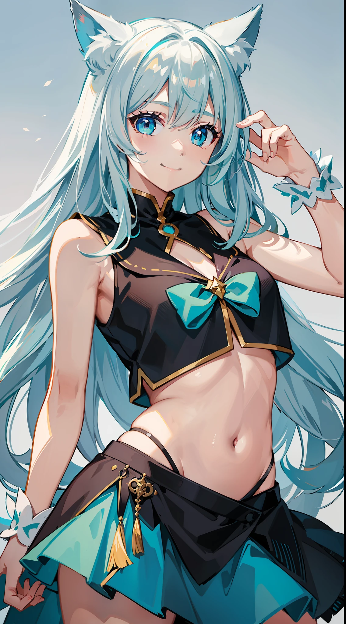 Young girl, long white hair, turquoise eyes, cat ears, smile, fantasy sleeveless shirt, skirt, open belly, masterpiece, high quality