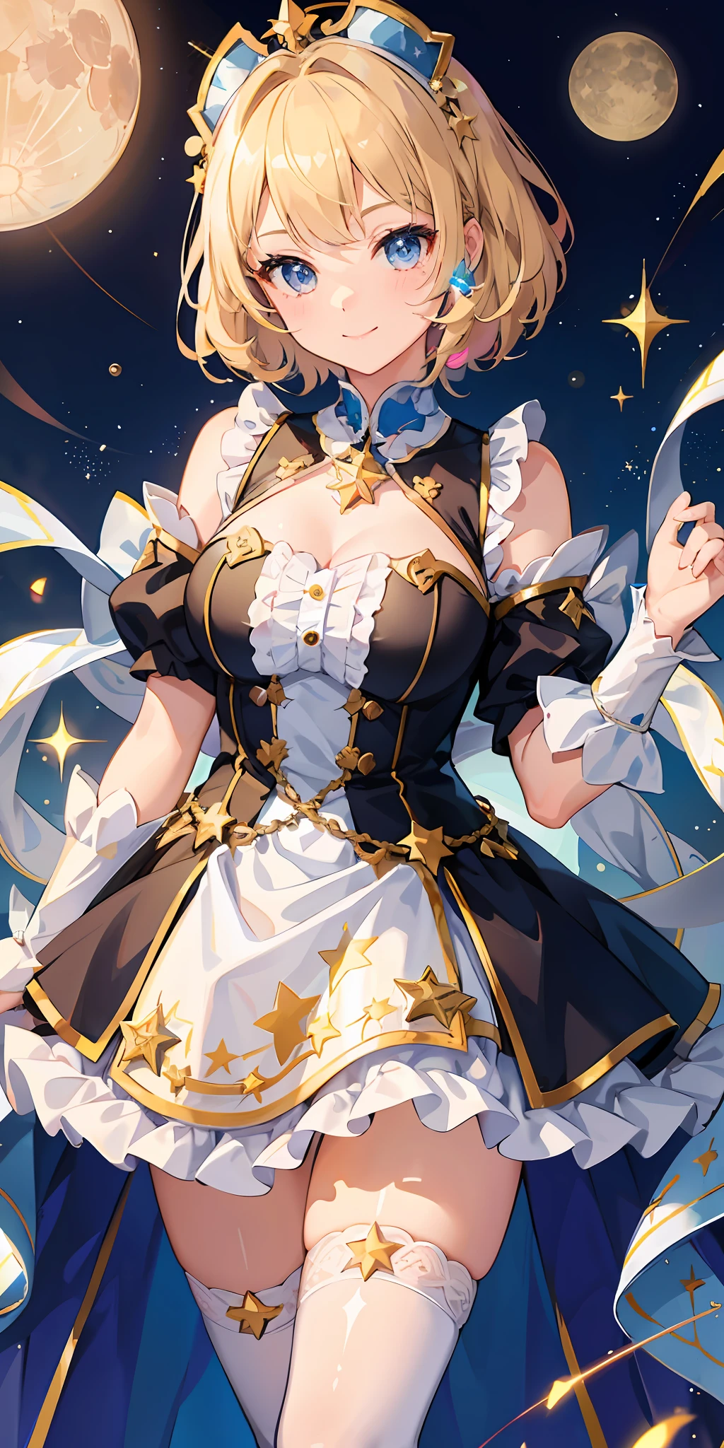 1girl, bright, blonde, light blue eyes, heart motif, star, moon, short hair, uniform bangs, multicolored hair, princess, saleme, side lights, light particles, wallpaper, big, plump, idol, idol costume, cute costume, fabulous outfit, dress, loose, fluffy, smile, gentle, clear, loli