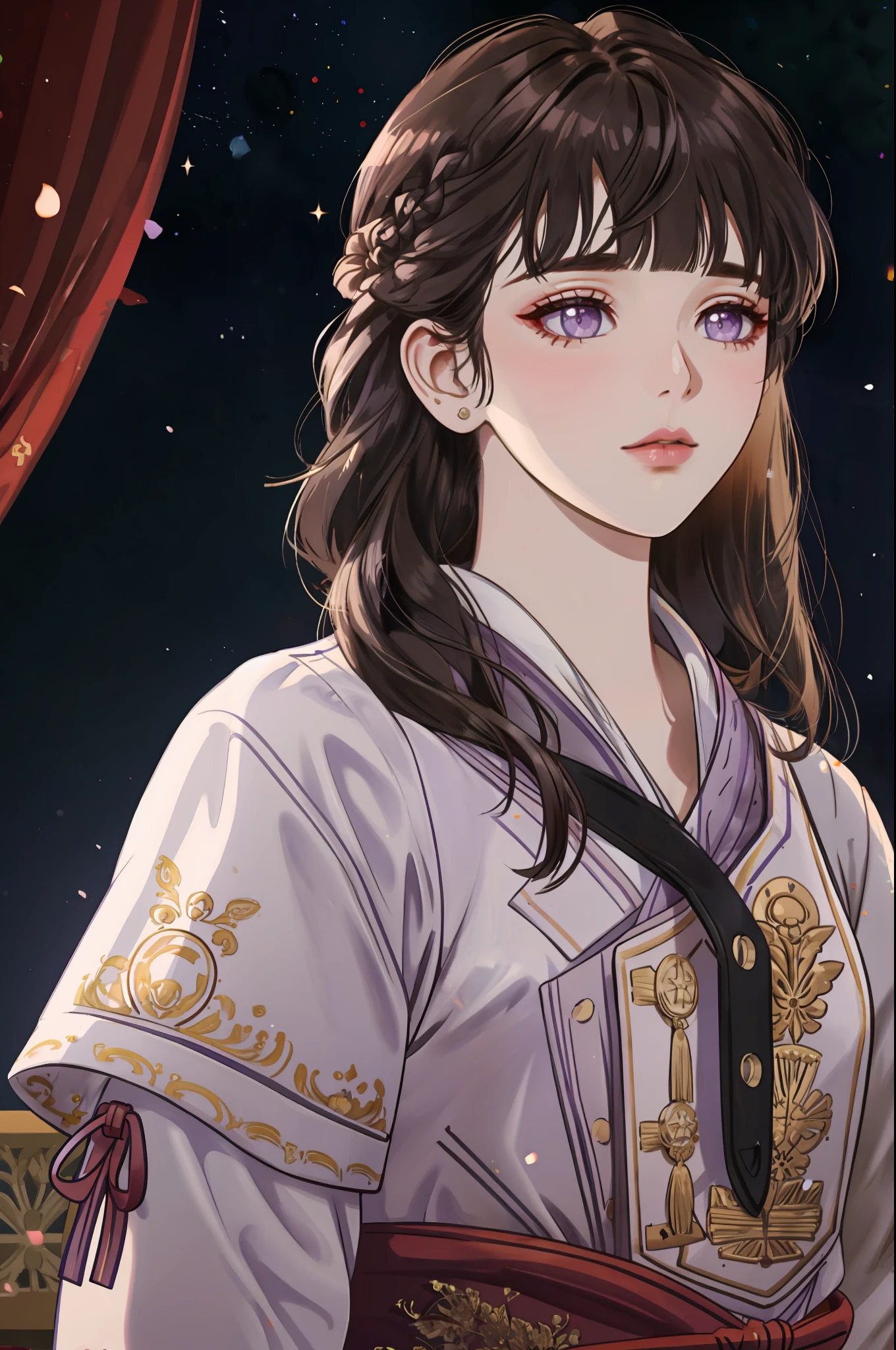 a beautiful england woman wearing  traditional wears, (masterpiece), (portrait), (raw photo), (extremely detailed CG unity 8k wallpaper) Intricate, Sharp focus, dramatic, photorealistic  art, blunt bangs, dark blur hair, purple eyes