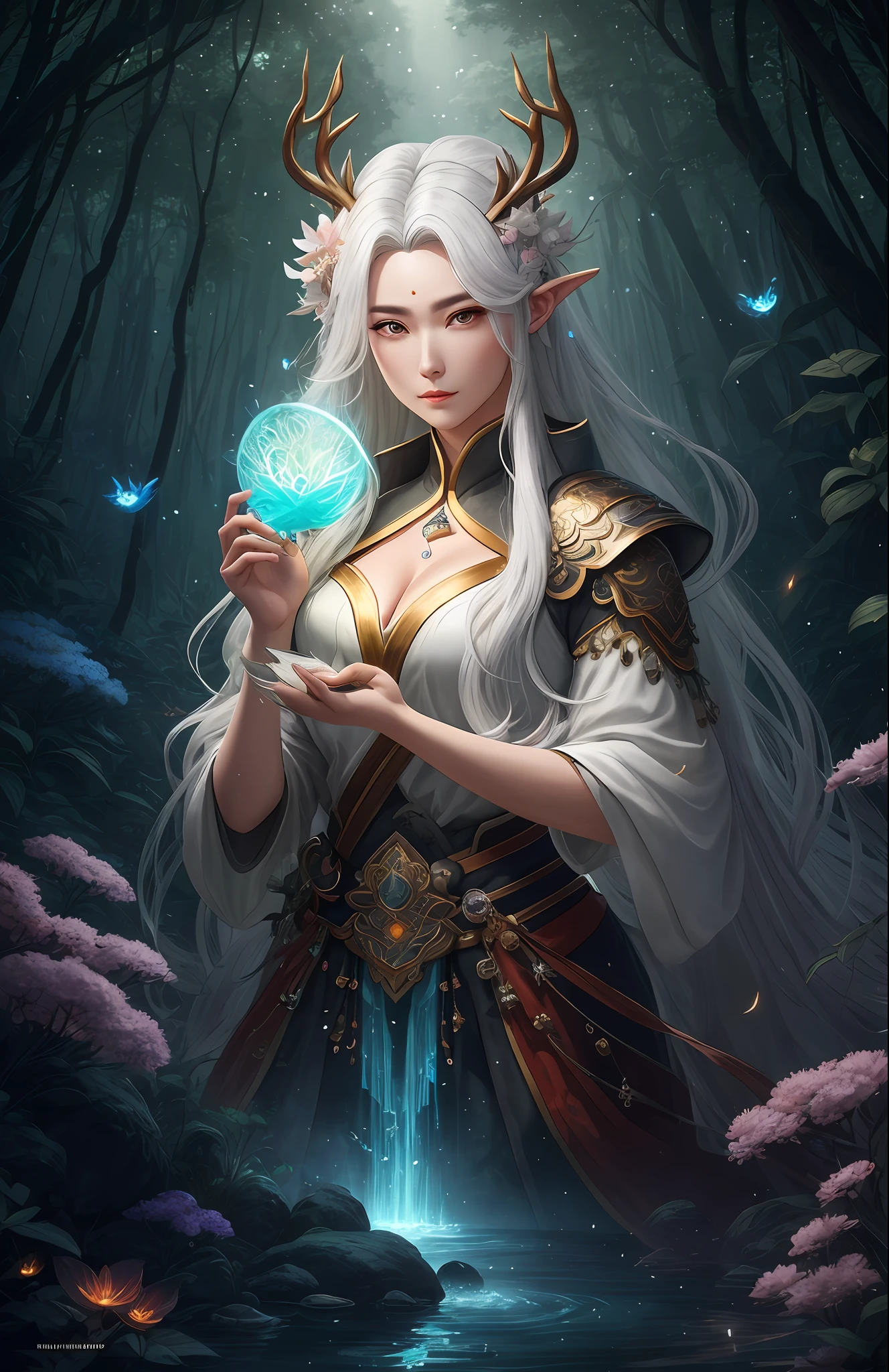 Masterpiece, best quality, (very detailed CG unified 8k wallpaper), (best quality), (best illustration), (best shadow), close-up of a beauty with white hair and white mask, beautiful figure painting, Guvitz, Guwiz style artwork, white-haired god, Yang J, epic exquisite character art, amazing character art, Fan Qi, Wu Zhun Shifan, Guwiz in pixiv art station, glowing elf, with a glowing deer, drinking water in the pool, Natural elements in forest theme. Mysterious forest, beautiful forest, nature, surrounded by flowers, delicate leaves and branches surrounded by fireflies (natural elements), (jungle theme), (leaves), (branches), (fireflies), (particle effects) and other 3D, Octane rendering, ray tracing, super detailed