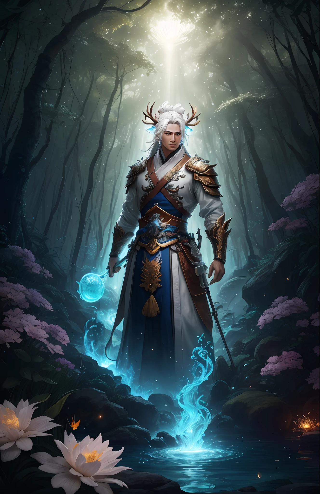 Masterpiece, best quality, (very detailed CG unified 8k wallpaper), (best quality), (best illustration), (best shadow), close-up of a beauty with white hair and white mask, beautiful figure painting, Guvitz, Guwiz style artwork, white-haired god, Yang J, epic exquisite character art, amazing character art, Fan Qi, Wu Zhun Shifan, Guwiz in pixiv art station, glowing elf, with a glowing deer, drinking water in the pool, Natural elements in forest theme. Mysterious forest, beautiful forest, nature, surrounded by flowers, delicate leaves and branches surrounded by fireflies (natural elements), (jungle theme), (leaves), (branches), (fireflies), (particle effects) and other 3D, Octane rendering, ray tracing, super detailed