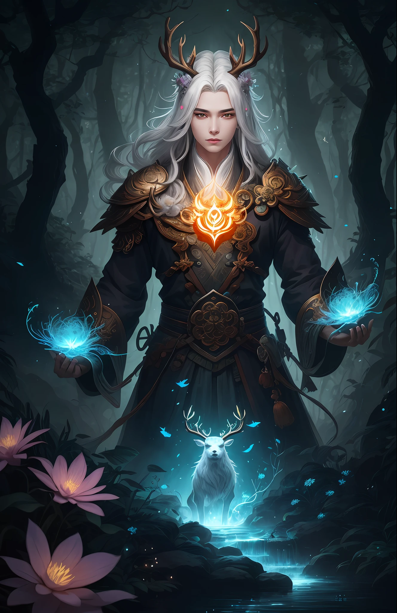 Masterpiece, best quality, (very detailed CG unified 8k wallpaper), (best quality), (best illustration), (best shadow), close-up of a beauty with white hair and white mask, beautiful figure painting, Guvitz, Guwiz style artwork, white-haired god, Yang J, epic exquisite character art, amazing character art, Fan Qi, Wu Zhun Shifan, Guwiz in pixiv art station, glowing elf, with a glowing deer, drinking water in the pool, Natural elements in forest theme. Mysterious forest, beautiful forest, nature, surrounded by flowers, delicate leaves and branches surrounded by fireflies (natural elements), (jungle theme), (leaves), (branches), (fireflies), (particle effects) and other 3D, Octane rendering, ray tracing, super detailed