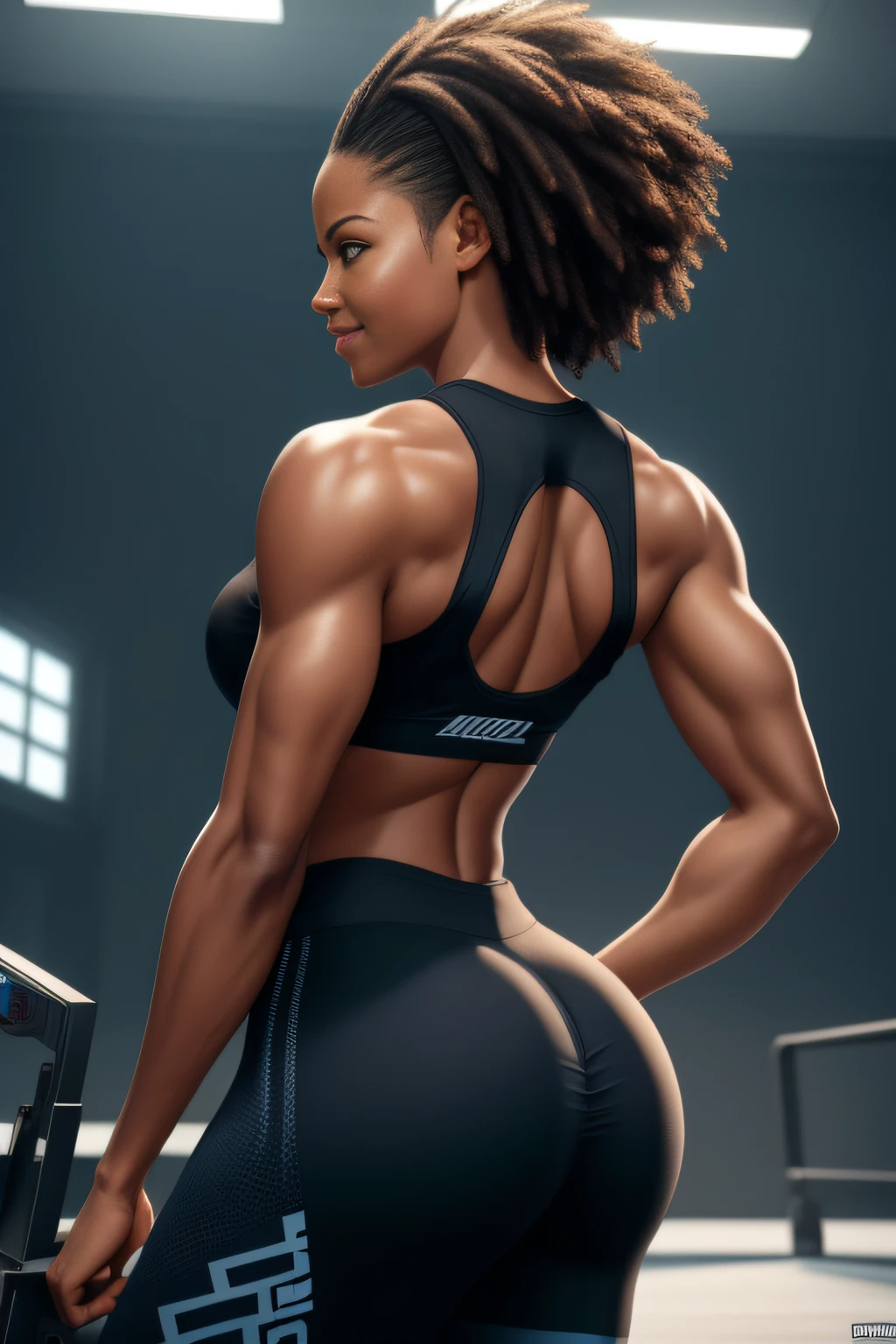 ((masterpiece)), ((best quality)), (ultra-detailed), ((extremely detailed)), 4K, (8K), best quality, (beautiful), perfect anatomy, back view, focus on the ass, Portrait photo of a African-American Supermodel, sports tank top, high-waisted leggings, emphasizi, Beautiful face, Beautiful eyes, dynamic posing, feminine physique, smiling, goddess, unreal engine, octane Render, cinematic lighting,