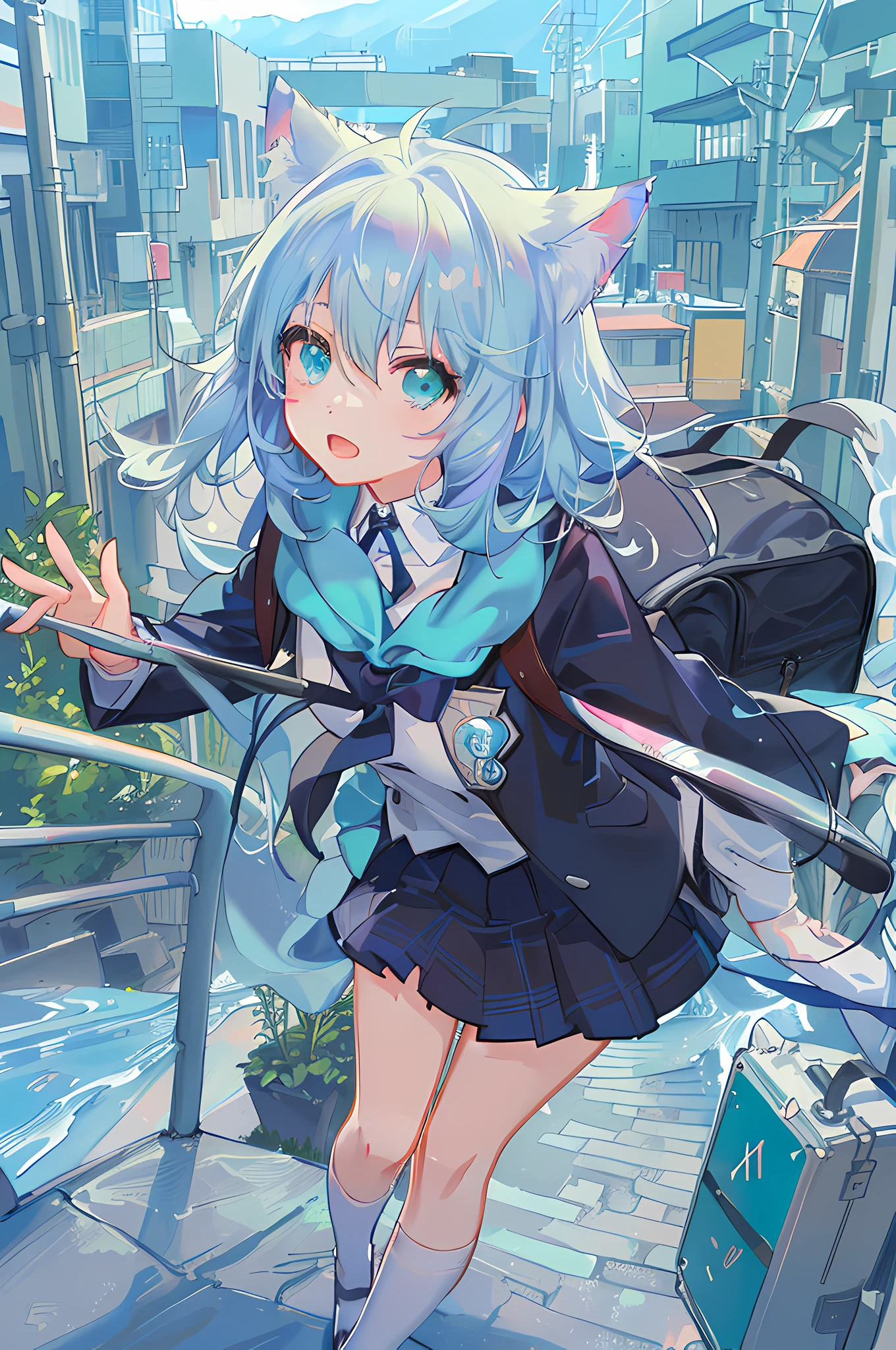 anime girl with a cat ears and a backpack on a city street, anime style 4 k, mikudayo, smooth anime cg art, beautiful anime high school girl, anime moe artstyle, nyaruko-san, by Yuumei, anime art wallpaper 4k, anime art wallpaper 4 k, anime girl with teal hair, anime art wallpaper 8 k --auto --s2