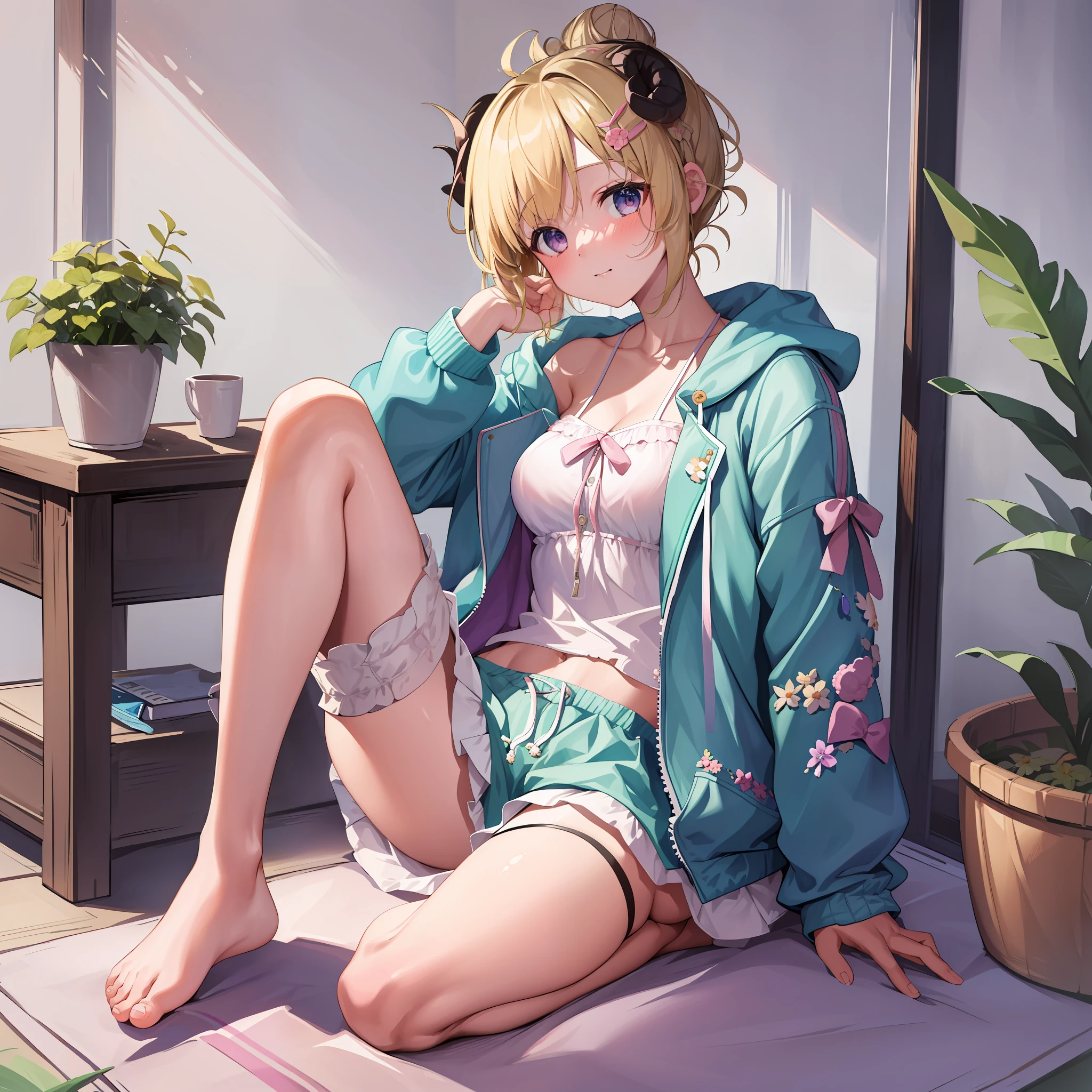 ((Masterpiece)), (Best Quality), Solo, Tsunomaki Watame, hair bun, WatameSleep, blue jacket, open jacket, camisole, hairclip, thigh strap, hair flower, short shorts, pink shorts, barefoot, (NSFW:1.3), Full Body