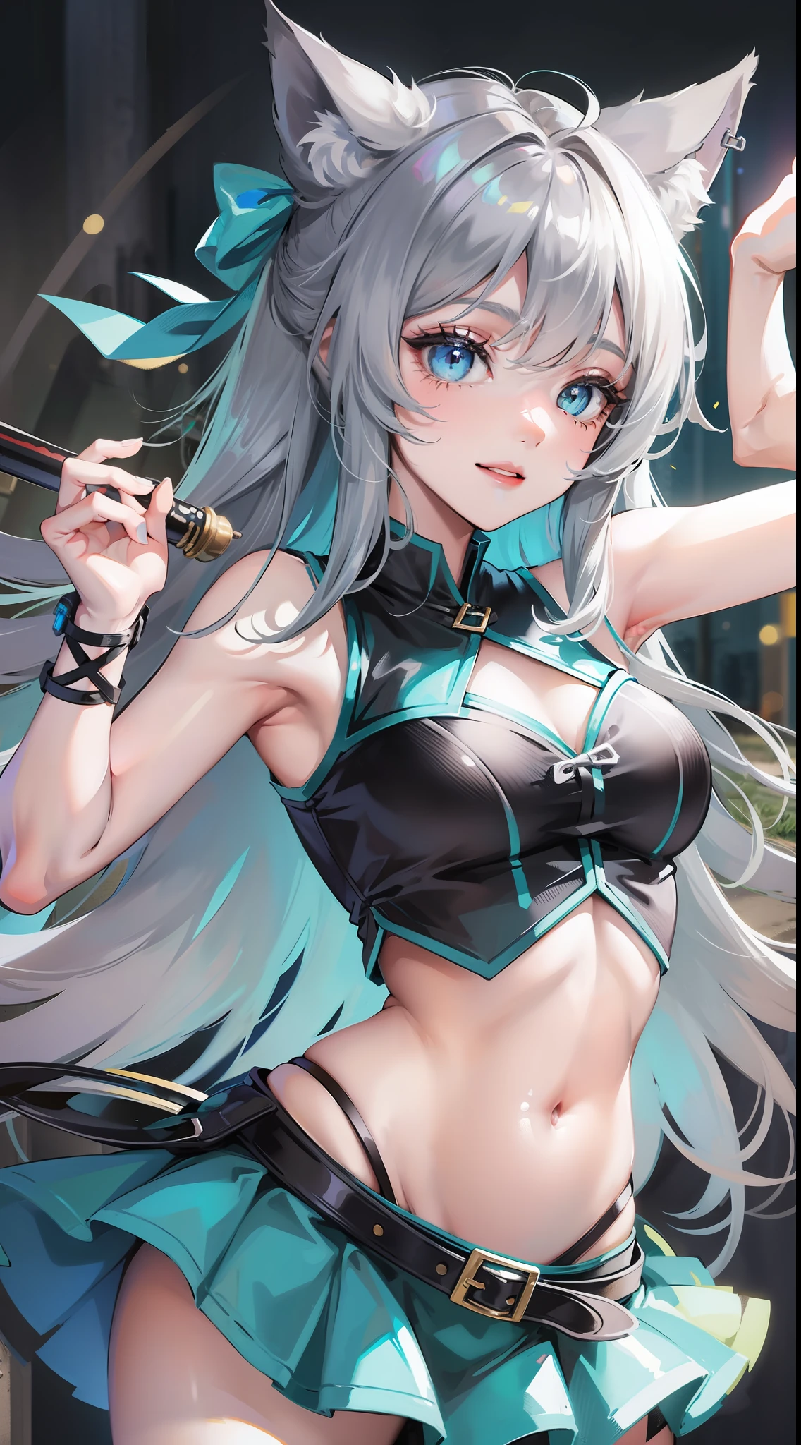 Young girl, long gray hair, turquoise eyes, cat ears, smile, fantasy sleeveless shirt, skirt, open belly, masterpiece, high quality