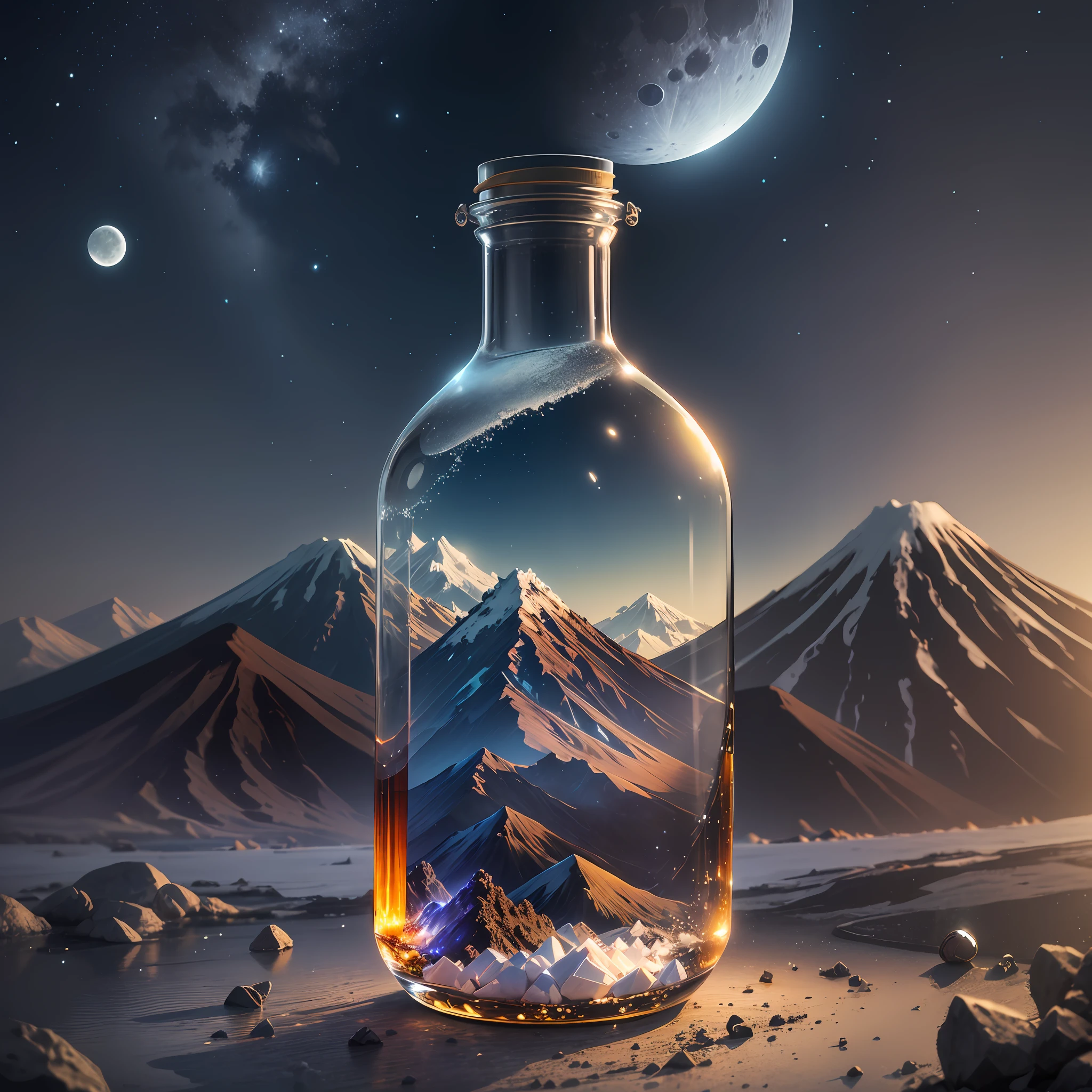 Computer, Extensive landscape ultra photography (general view showing a glass glass bottle, firefly inside, moon, ice, glass, dawn, volcano), blurred background, gloomy, magic