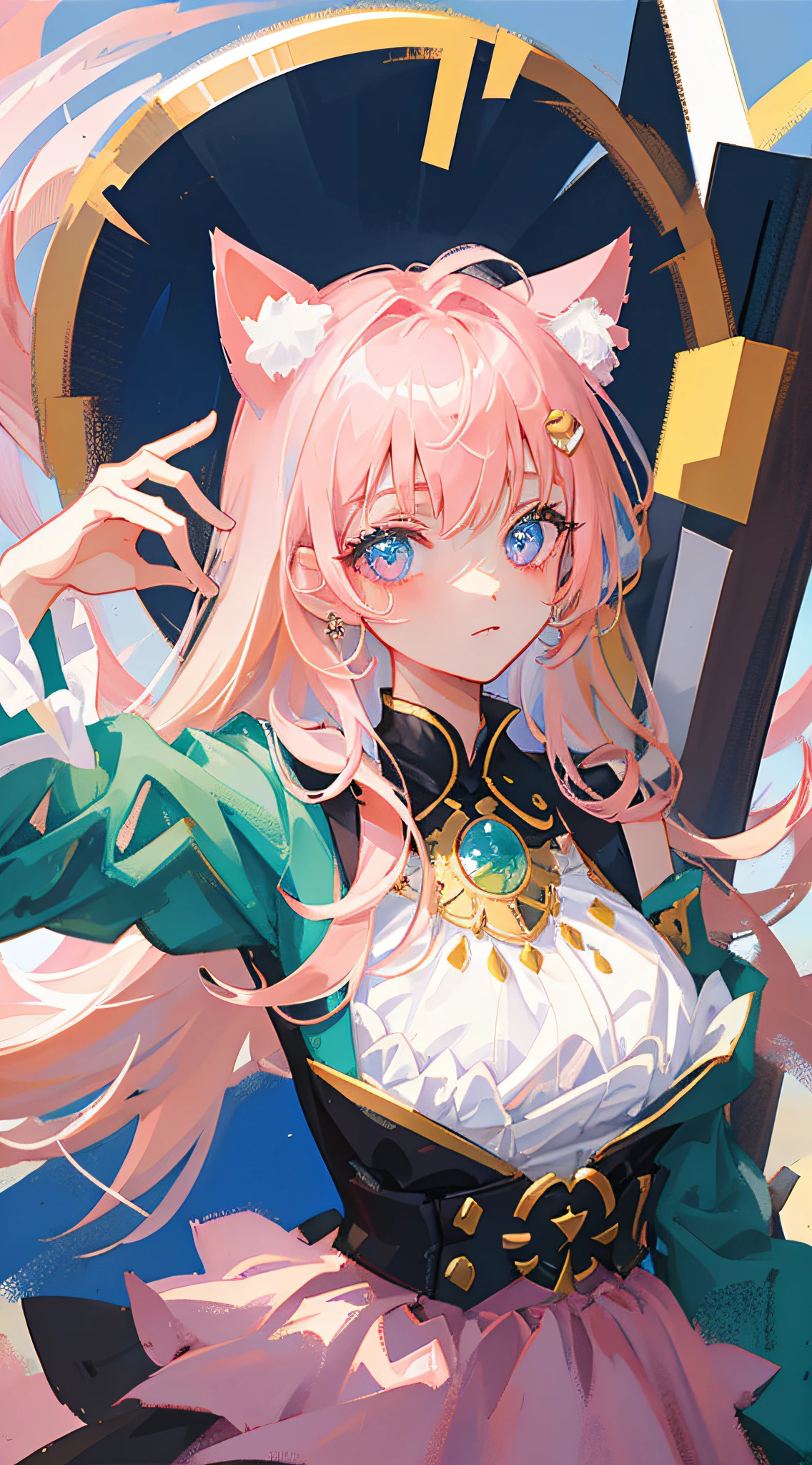 Masterpiece, best quality, super detailed, illustration, (1 girl), beautiful meticulous eyes, looking at the viewer, close-up, (breast focus), pink hair, shyness, cat ears, nudity