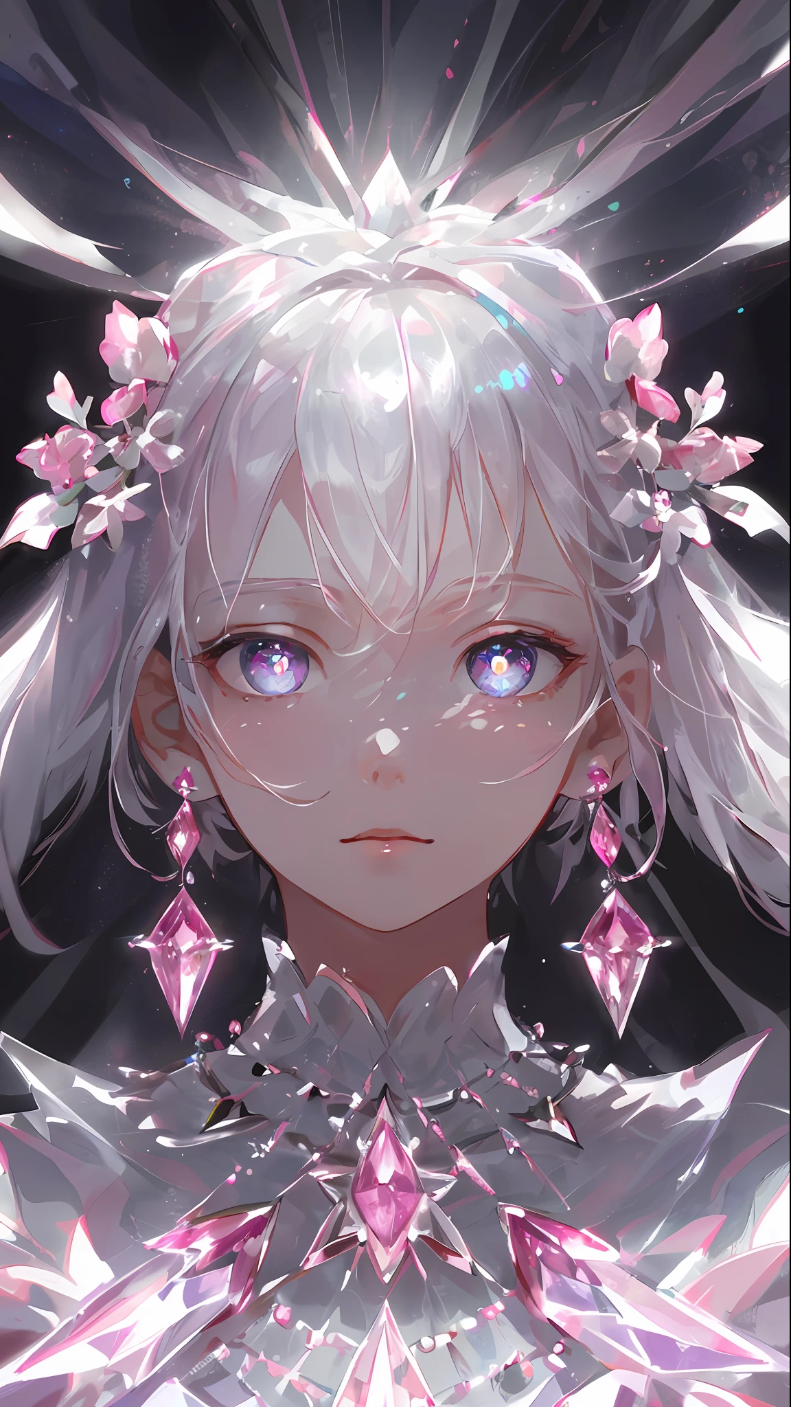 masterpiece, best quality, illustration, flashy pink, platinum earrings, platinum necklace, white dress, 1girl, cute, (dynamic lighting:1.2), cinematic lighting, delicate facial features, detailed eyes, sharp pupils, realistic pupils, depth of field, bokeh, sharp focus, (hyper-detailed, bloom, glow:1.4), many small gems