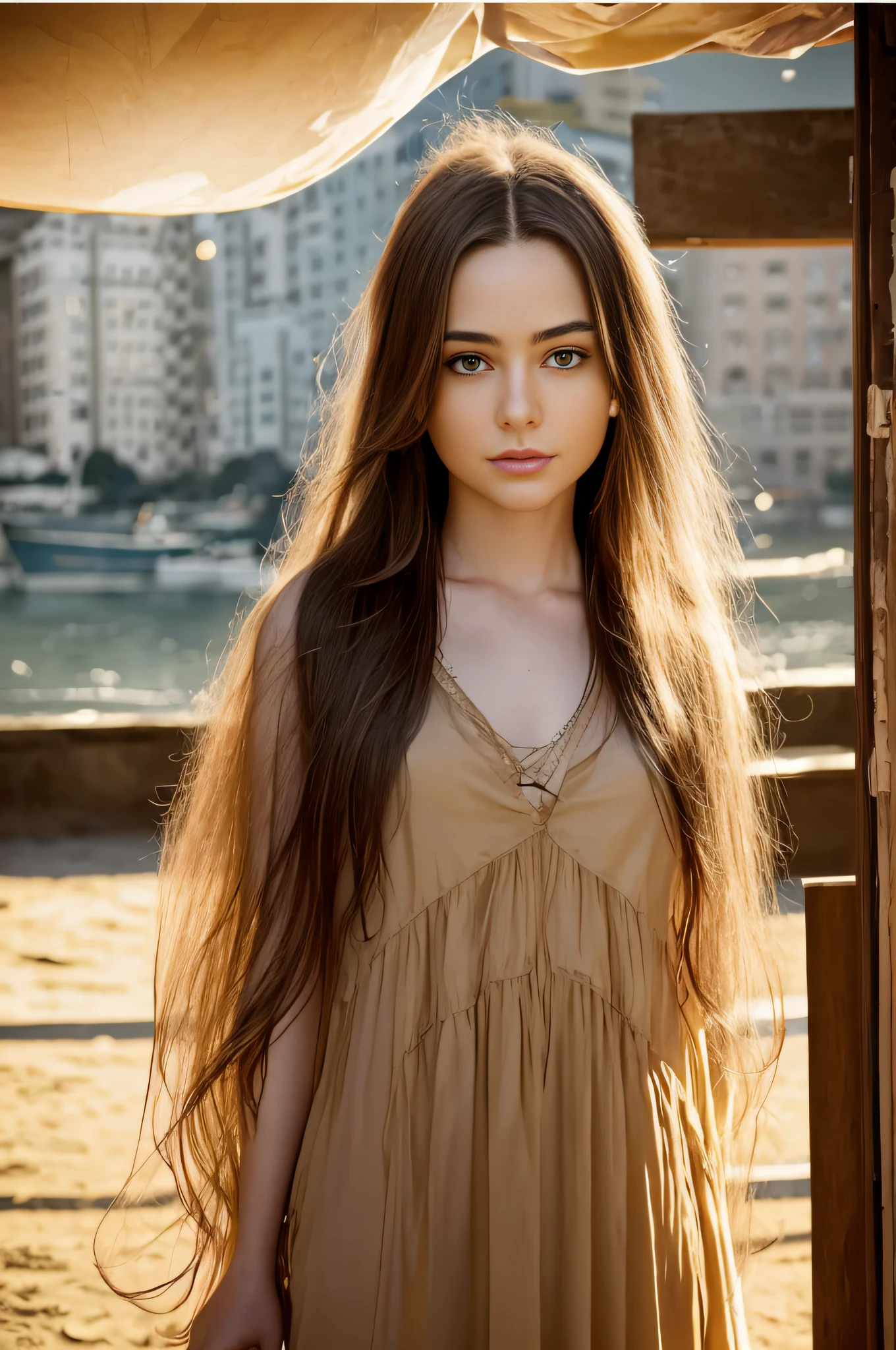 portrait photography 1girl dasha beautiful young woman with transparent western tunic dress,long_hair, realistic, eyes visible through hair, proper eye position, natural skin, backlight, cinematic light, rim light, soft light , hips, in night time, city side background, detailed color graded background, intricate , highly detail, octane render,HDR, HD, 8k, by Annie Leibovitz