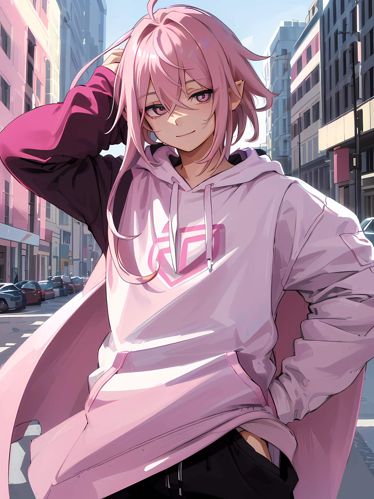 ((highest quality, masterpiece, 4k, finely detailed, detailed eyes, detailed face, gelbooru, pixiv)), warm lighting, ((solo)), 1boy, handsome, masculine, ((adult male)), broad shoulders, closeup of face, ((pink hair with white locks in the ear)), portrait, light blush on the cheeks, smiling, looking at the viewer, ((lazy eyes, semi-eyelids, bags under the eyes, black eyes with white pupils)), wearing modern clothes,  pink hoodie, sweatpants, standing, hands in pockets, ((pink hair, white locks in ear, medium length hair, shaggy hairstyle, messy hair)), city background