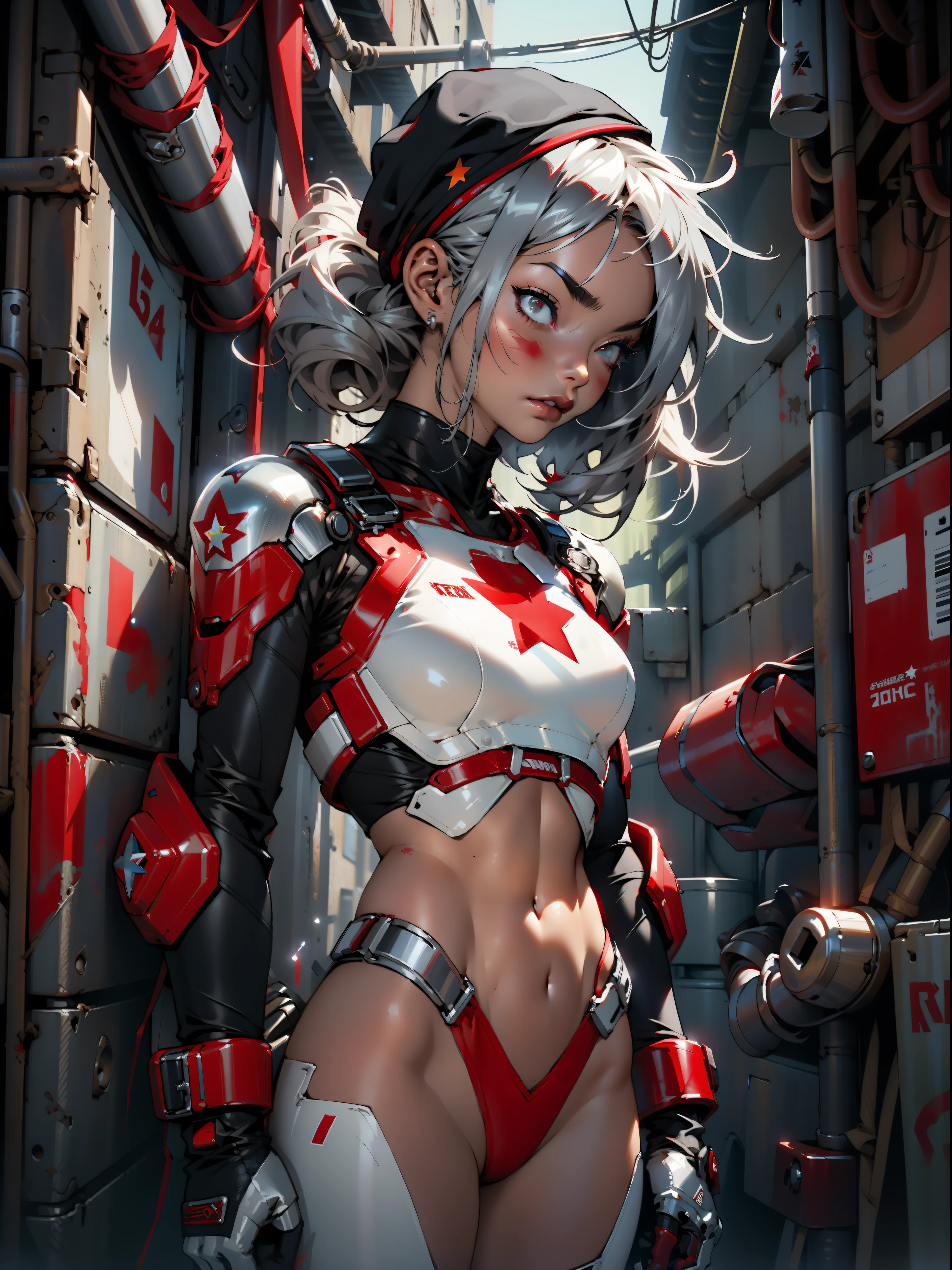 (((woman))), (((climber's cap)))), A 35-year-old muscular Russian warrior almost naked in the Simon Bisley style for the cover of Heavy Metal magazine, ((((tiny red thong))), black hair with white locks and a climber's cap, Minimum clothing, red and dark blue carbon fiber armor with silver stars, ((((red outfit with silver stars))),  (((short-cut)))), inside a spaceship, cyberpunk, tight suits, bio mechanical suit,