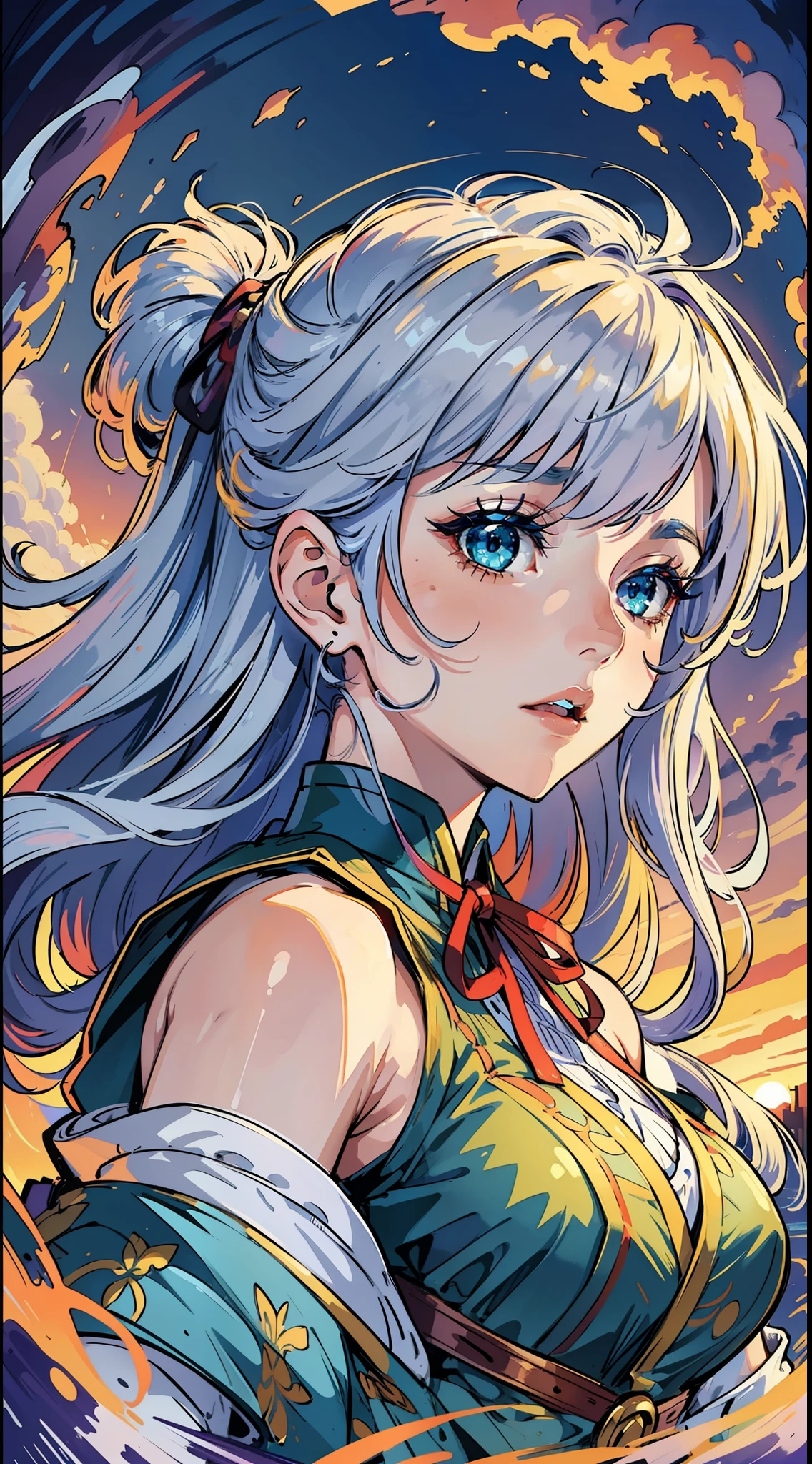 "((masterpiece))), best quality, ultra detailed, high resolution 8k CG wallpaper, stunning, delicate and beautiful illustration, dynamic angle, dynamic pose, (1 girl), blue eyes, (multicolored hair + silver hair: 1.3 + red hair: 1.2 + purple hair + yellow hair: 1.3 + green hair: 1.3), martial arts white clothes, neck ribbon, beautiful face, too many water droplets, Clouds, sunset, panoramic view, watercolor. "