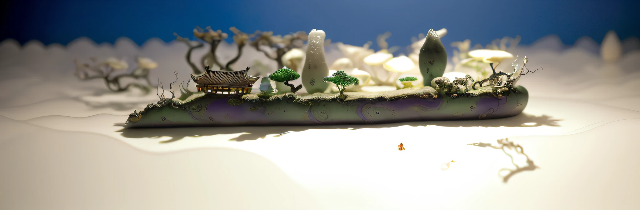 A few Asian houses in the style of 3,000-year-old organic architecture, ethereal twisted and weird old plum trees, diorama macro photography, lying in a white cloud wonderland, liquid clouds, spore clouds, surreal water art, badly damaged walls, glowing flower-shaped clouds, slimy reflections