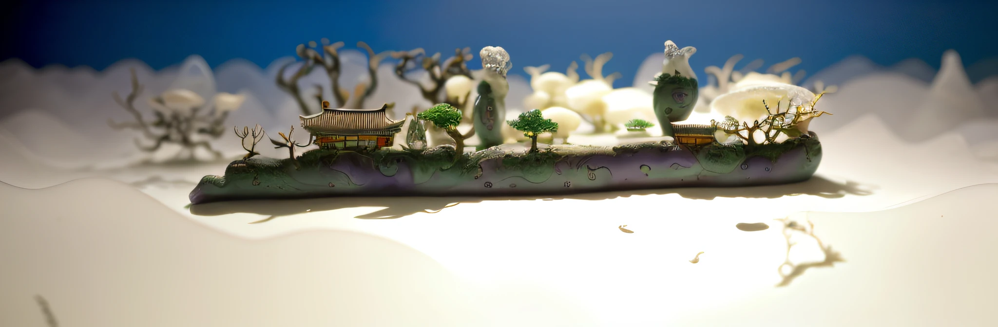 A few Asian houses in the style of 3,000-year-old organic architecture, ethereal twisted and weird old plum trees, diorama macro photography, lying in a white cloud wonderland, liquid clouds, spore clouds, surreal water art, badly damaged walls, glowing flower-shaped clouds, slimy reflections