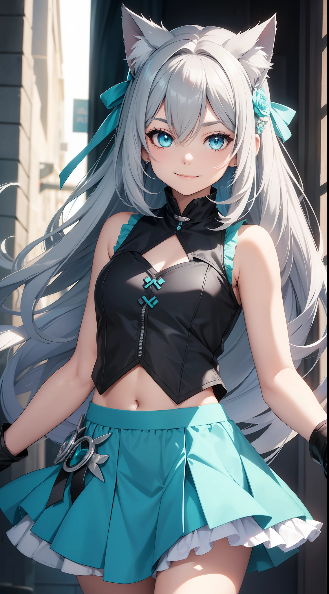 Young girl, long gray hair, turquoise eyes, cat ears, smile, fantasy sleeveless shirt, skirt, masterpiece, high quality