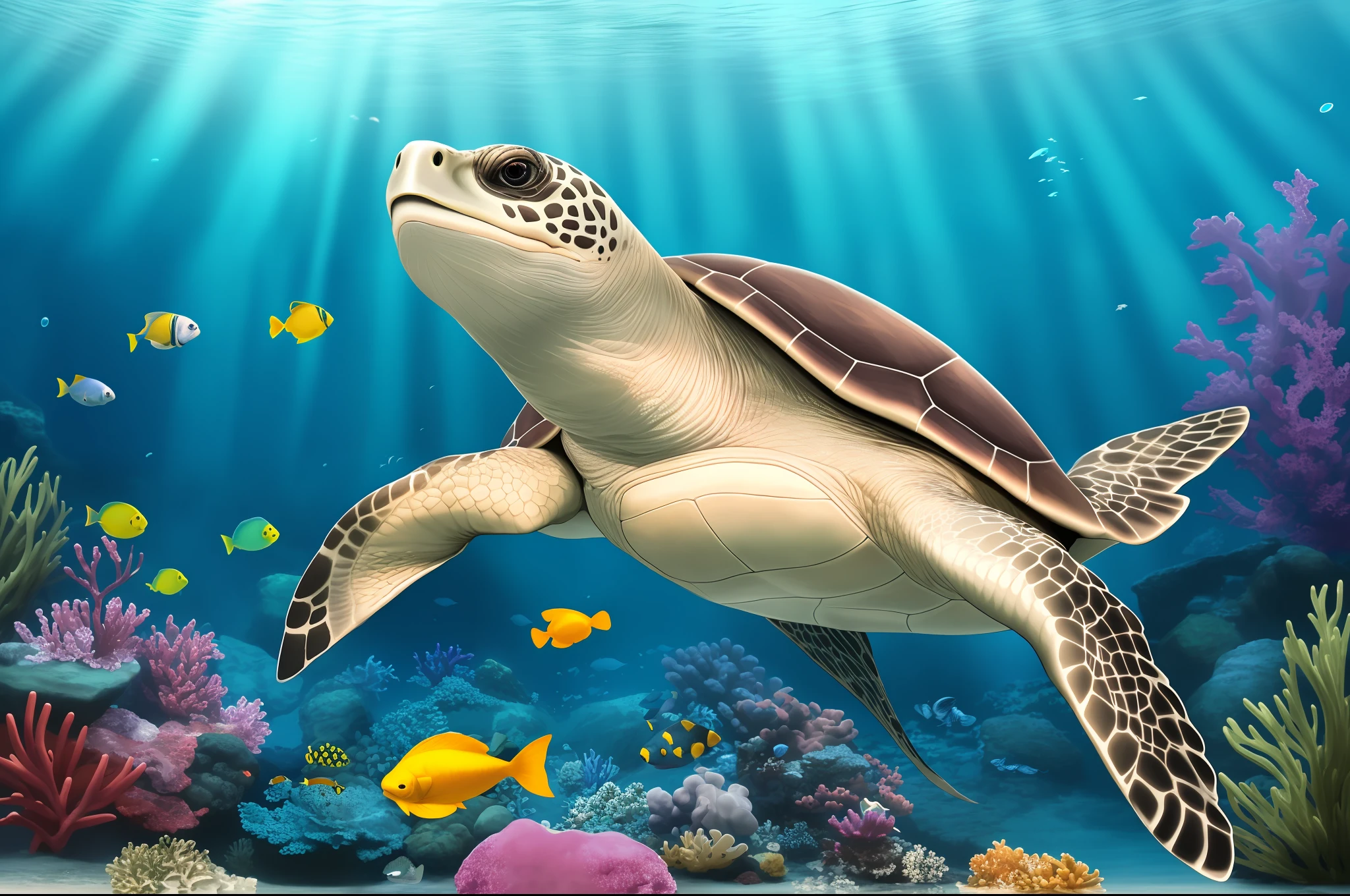 [Animal Planet National Geographic Sea Turtle Illuminated Underwater Caustic Octanage, Fish Nemos,Stingrays,Many Colorful Fish Proper Proportions, Copy and Paste, Vibrant Colors, Order of Priority, Desirable Assets, RTX Textures, Beautiful Work, Excellent Craftsmanship, Masterful Alignment, Extremely Intricate and Detailed Features, Defined Edges, Intense Focus, SDR HDRI, Pic Vid, Hyper Realistic, High Quality, Maximum Resolution, Epic Composition,  cinematic lighting, full shot]:0.5