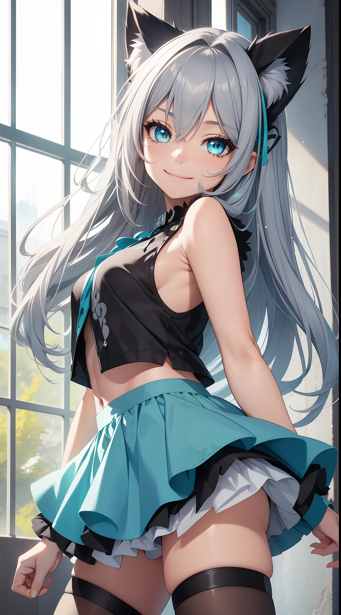 Young girl, long gray hair, turquoise eyes, cat ears, smile, fantasy sleeveless shirt, skirt, masterpiece, high quality