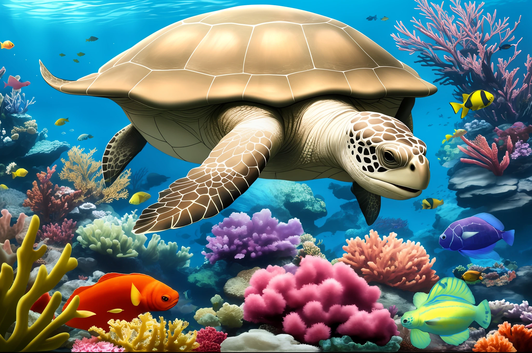 [Animal Planet National Geographic Sea Turtle Illuminated Underwater Caustic Octanage, Fish Nemos,Stingrays,Many Colorful Fish Proper Proportions, Copy and Paste, Vibrant Colors, Order of Priority, Desirable Assets, RTX Textures, Beautiful Work, Excellent Craftsmanship, Masterful Alignment, Extremely Intricate and Detailed Features, Defined Edges, Intense Focus, SDR HDRI, Pic Vid, Hyper Realistic, High Quality, Maximum Resolution, Epic Composition,  cinematic lighting, full shot]:0.5