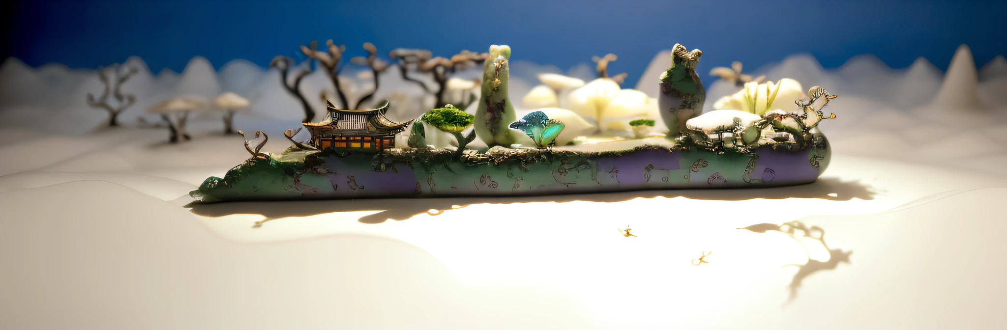 A few Asian houses in the style of 3,000-year-old organic architecture, ethereal twisted and weird old plum trees, diorama macro photography, lying in a white cloud wonderland, liquid clouds, spore clouds, surreal water art, badly damaged walls, glowing flower-shaped clouds, slimy reflections
