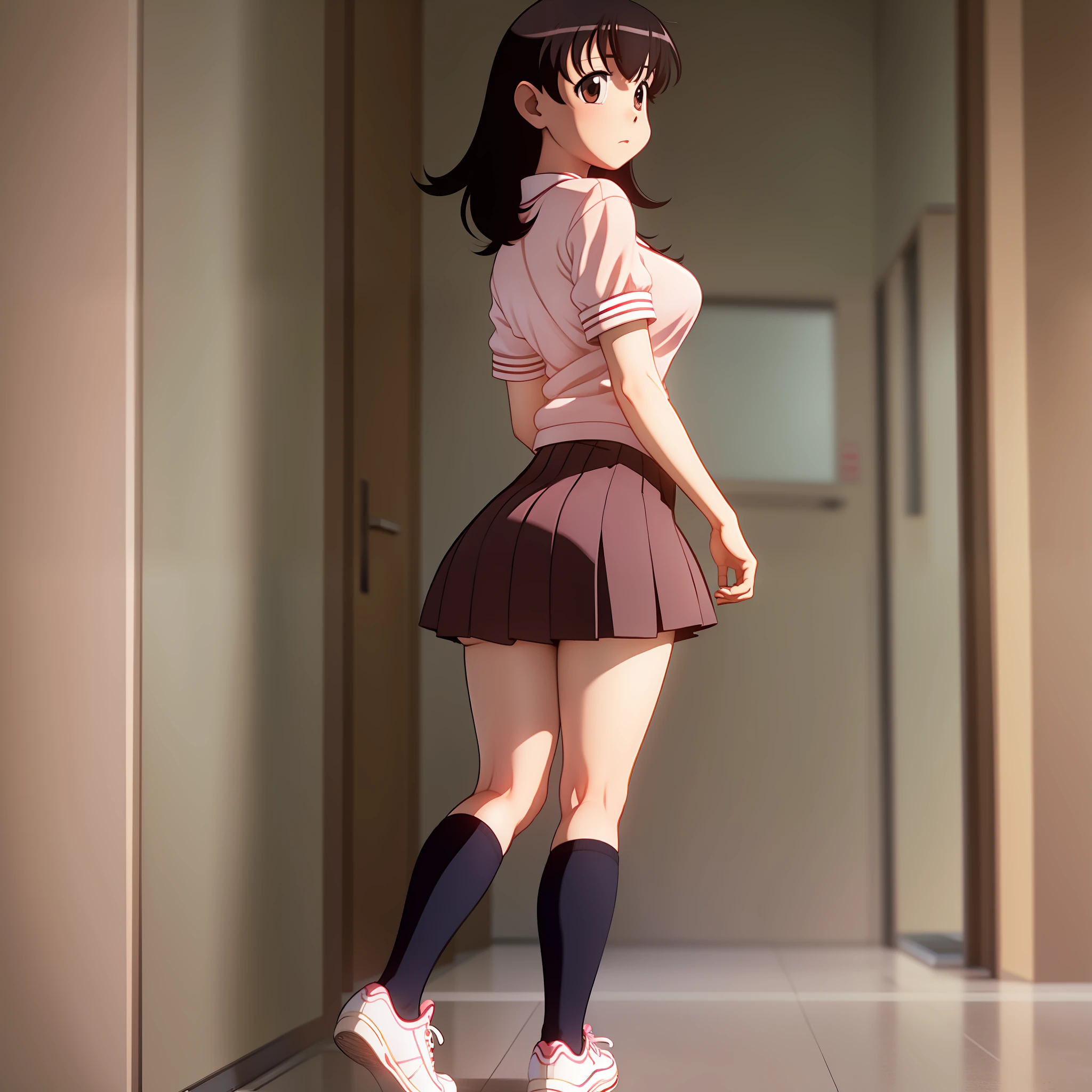 Tomo takino, Girl, black hair, pink sailor school uniform, brown skirt, slender figure, medium breasts, panty, ass, thighs, white socks, brown shoes, standing