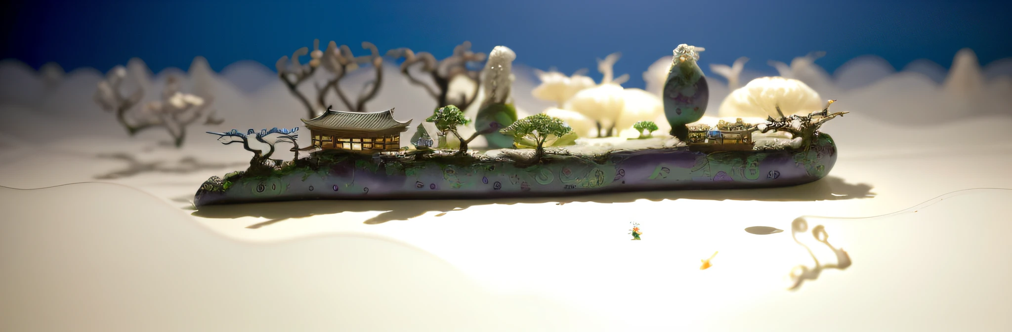A few Asian houses in the style of 3,000-year-old organic architecture, ethereal twisted and weird old plum trees, diorama macro photography, lying in a white cloud wonderland, liquid clouds, spore clouds, surreal water art, badly damaged walls, glowing flower-shaped clouds, slimy reflections