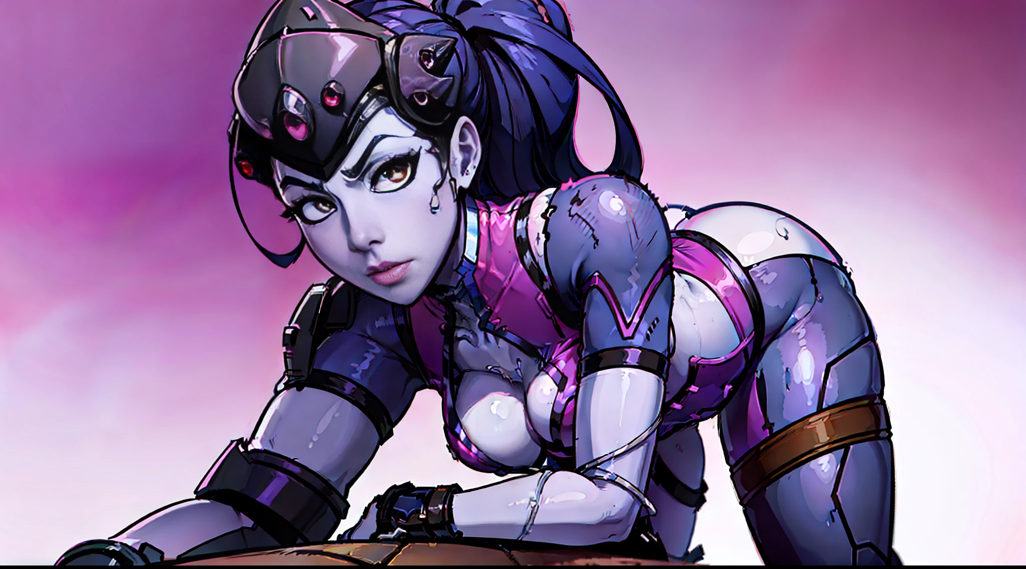 Widowmaker, pin up, small breasts, long hair, ponytail, purple skin, visor, big butt, gorgeous, sexy, battle damaged bodysuit, teared up bodysuit, battledamage, simple background, gradient background, brush strokes background, ahegao, make up, gorgeous, mind break, legs spread open, bikini armor