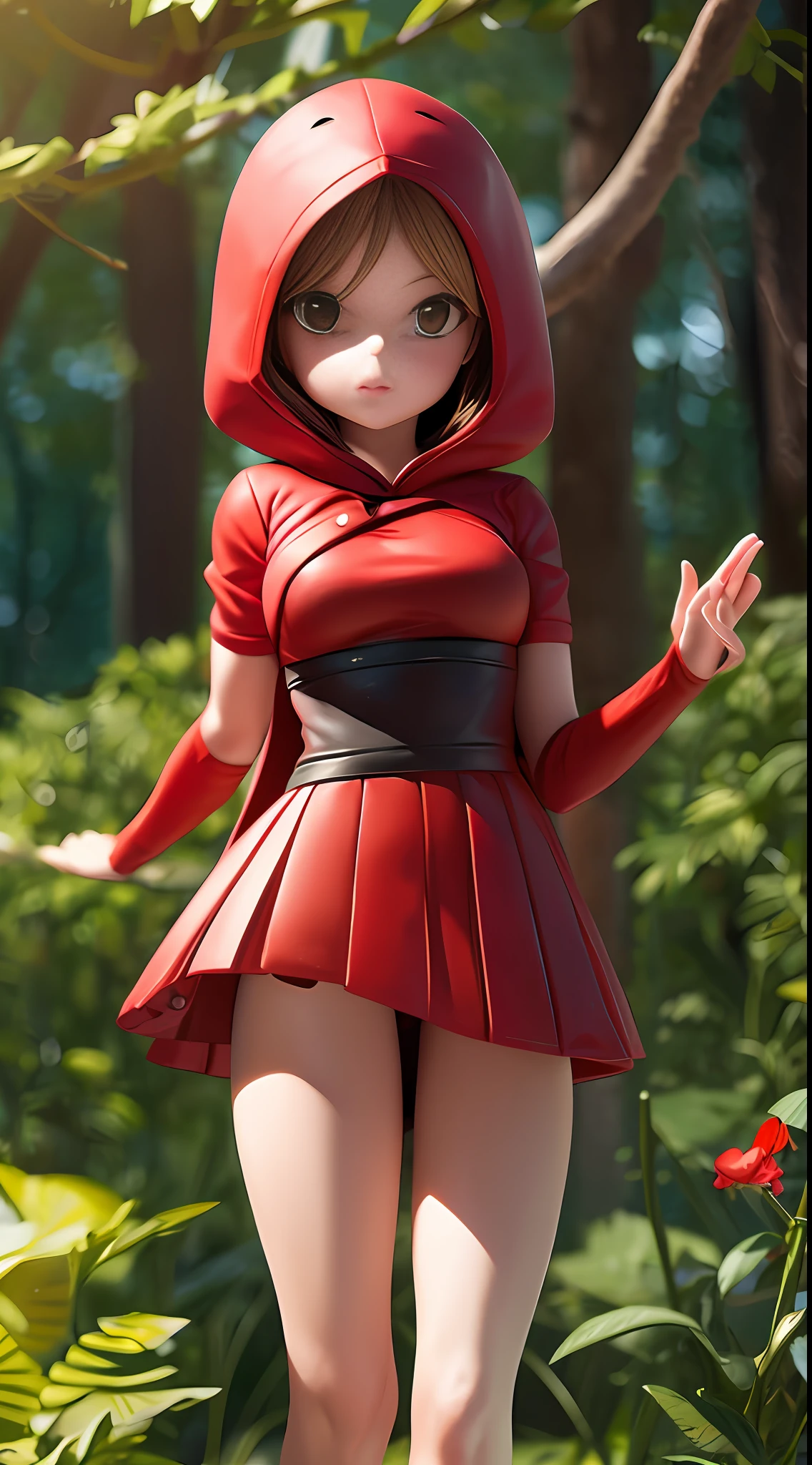 A cute girl in red hood in the forest, perfect, perfect lighting
